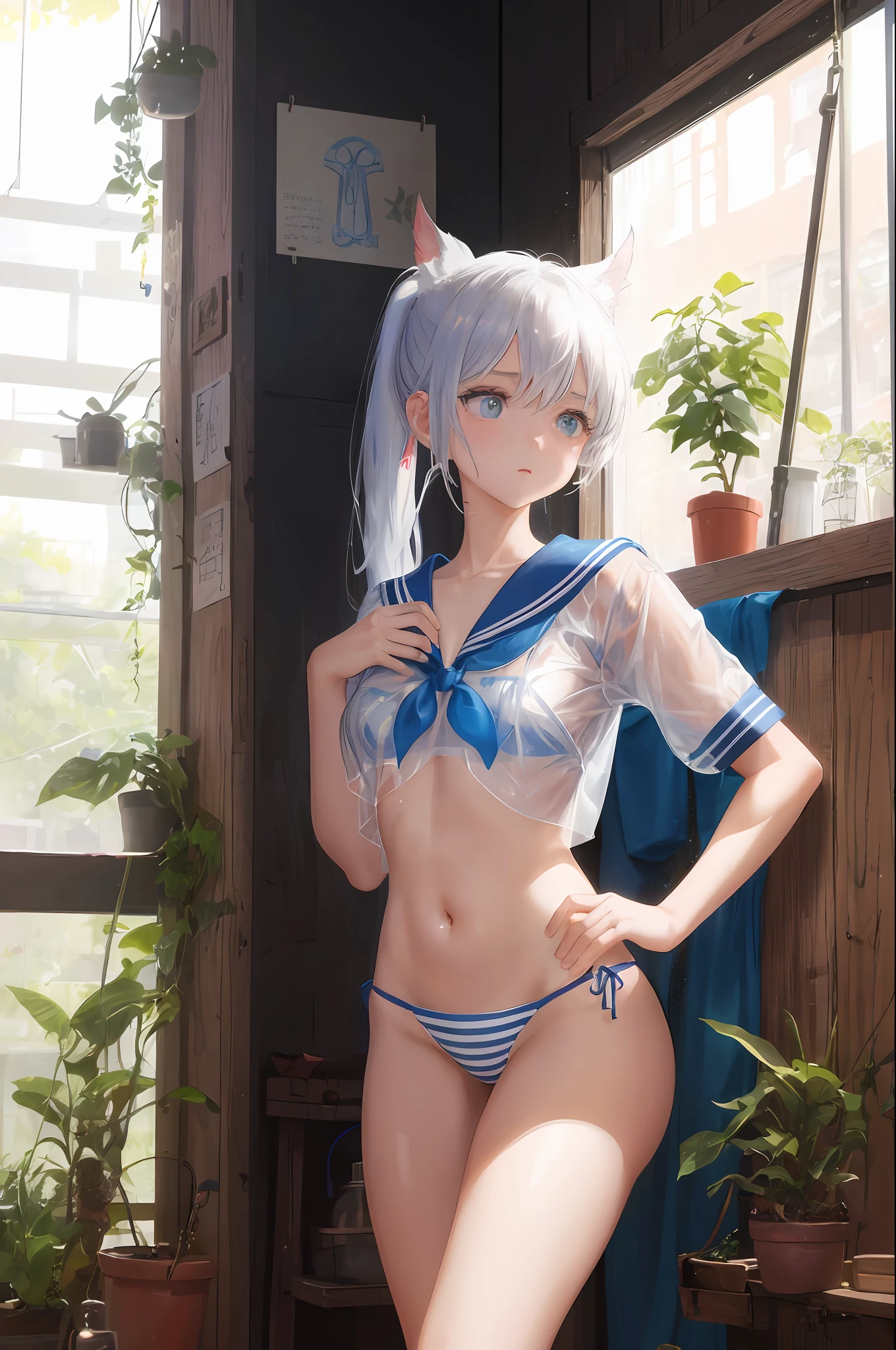 Cornflower art, dreamy, (masterpiece, top quality, perfect , beautiful face, realistic, super detailed, 1 girl, 18 ears senile, solo, depth of field, canon 24mm lens, f1.4, cute_girl, sailor_ collar, clear facial features, short sleeves, small , slender height, height 150cm, barefoot, double ponytail, bangs, gravure pose, indoor, slouch,  gap jungle, blurred background, (Uwabaki: 1.1576)) whole body, clear liquid dripping from the , the front of the shirt is exposed,  are visible, transparent bra, light blue striped buns, , ,  movie, strange, beautiful , holy water, (urination),