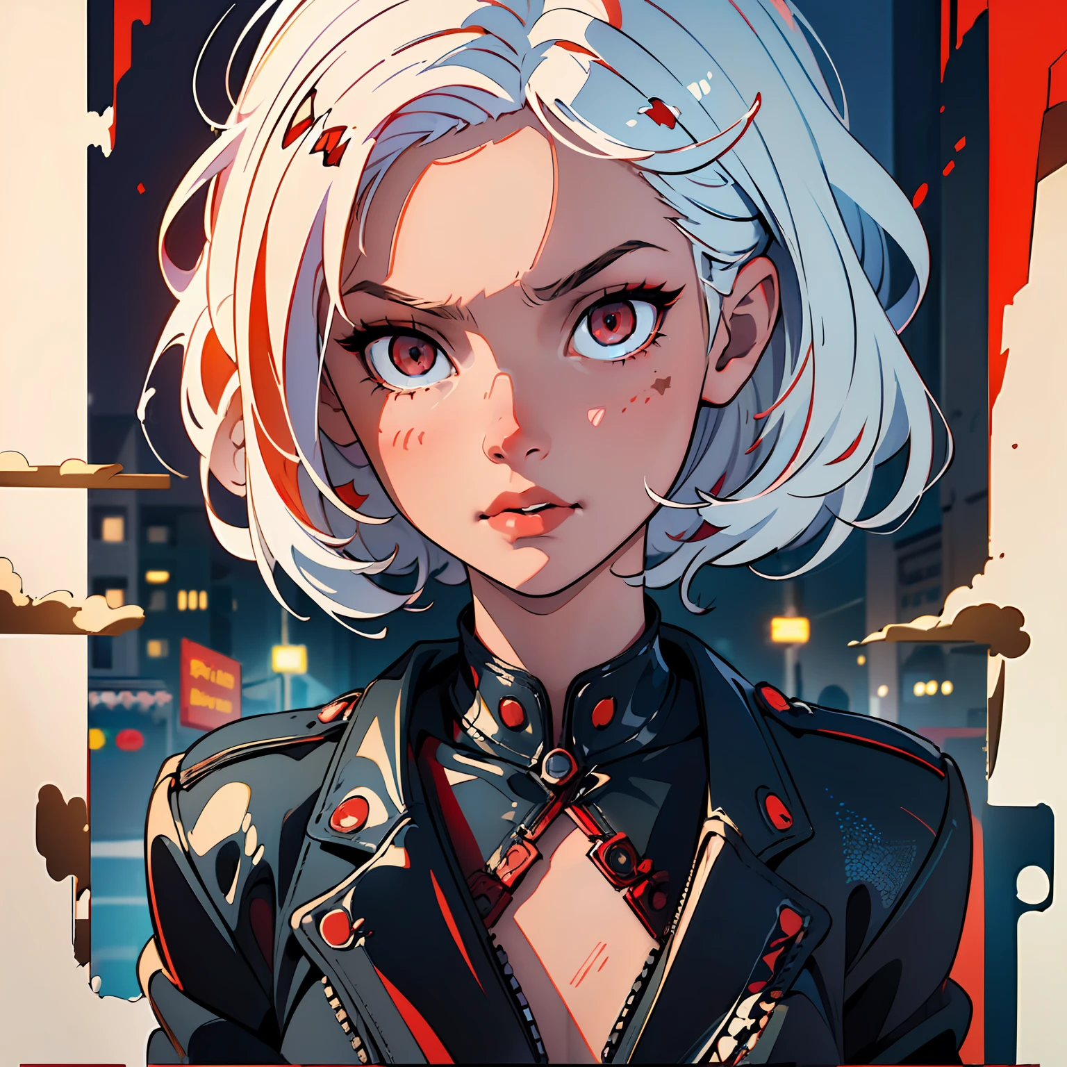 (artwork:1.3), (masterpiece:1.4), (detailed eyes:1.2), (perfect face), (cinema lighting), artistic tones, (illustrative cinematic), (pop art), (1girl) short white hair, (shimmering red detailed eyes:1.4)0.7], fair skin wearing black jacket, face facing the viewer, serious, neutral, imposing expression, gothic background, of city ​​at night, lights dim, dim, tender