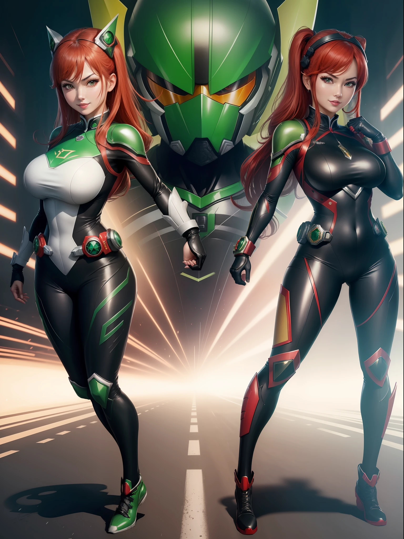 (Full body photo:1.5). (the Laura/woman/Chinese:1.5), (big breasts:1.2), (wearing Kamern Rider costume/extremely tight on the body/helmet on the head:1.2), she is in a futuristic city in battle pose raining hard at night:1.3), she has (red hair:1.0), (green eyes:1.0), (is looking at the viewer, smiling, fist clenched, she is extremely exhibitionist:1.3), Kamen Rider, Tokusatsu, anime, framed, symmetry, 16k, best quality, super detail, textured skin, UHD