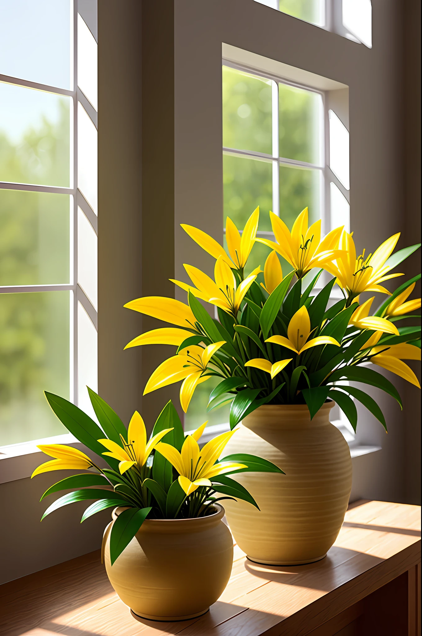 Clay pot, yellow lily flowers, by the window, sunlight coming in, blank background, lots of details, high quality, 8k,