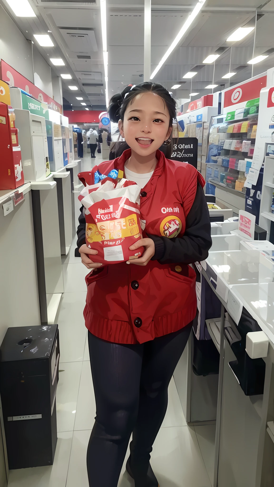 arafed woman holding a package of toilet paper in a store, gogo : :, at target, 2 4 years old, serving happy meals, 2 3 years old, grand!, with a happy expression, happy!!!, delivering parsel box, happy birthday, 😭🤮 💔, 2 9 years old, 25 years old, 21 years old