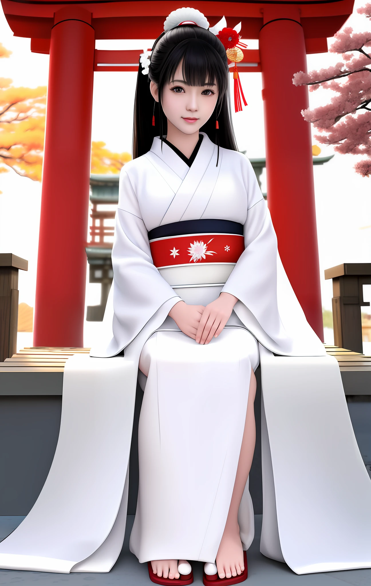 Realism of the photo, Japan shrine, torii, simple kimono, kimono is white, high quality, priestess, beauty, glamorous, milk, background is a shrine, subject progress, semi-backlit, 4K, SLR, smile, fortune, beautiful girl, RAW photo,