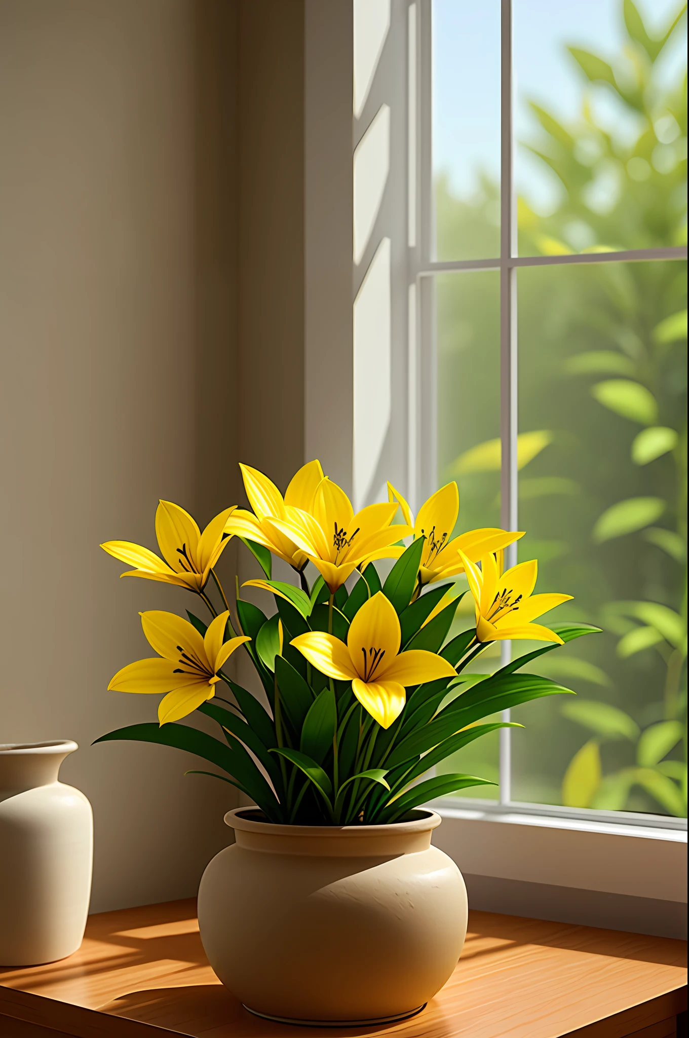 Clay pot, yellow lily flowers, by the window, sunlight coming in, blank background, lots of details, high quality, 8k,