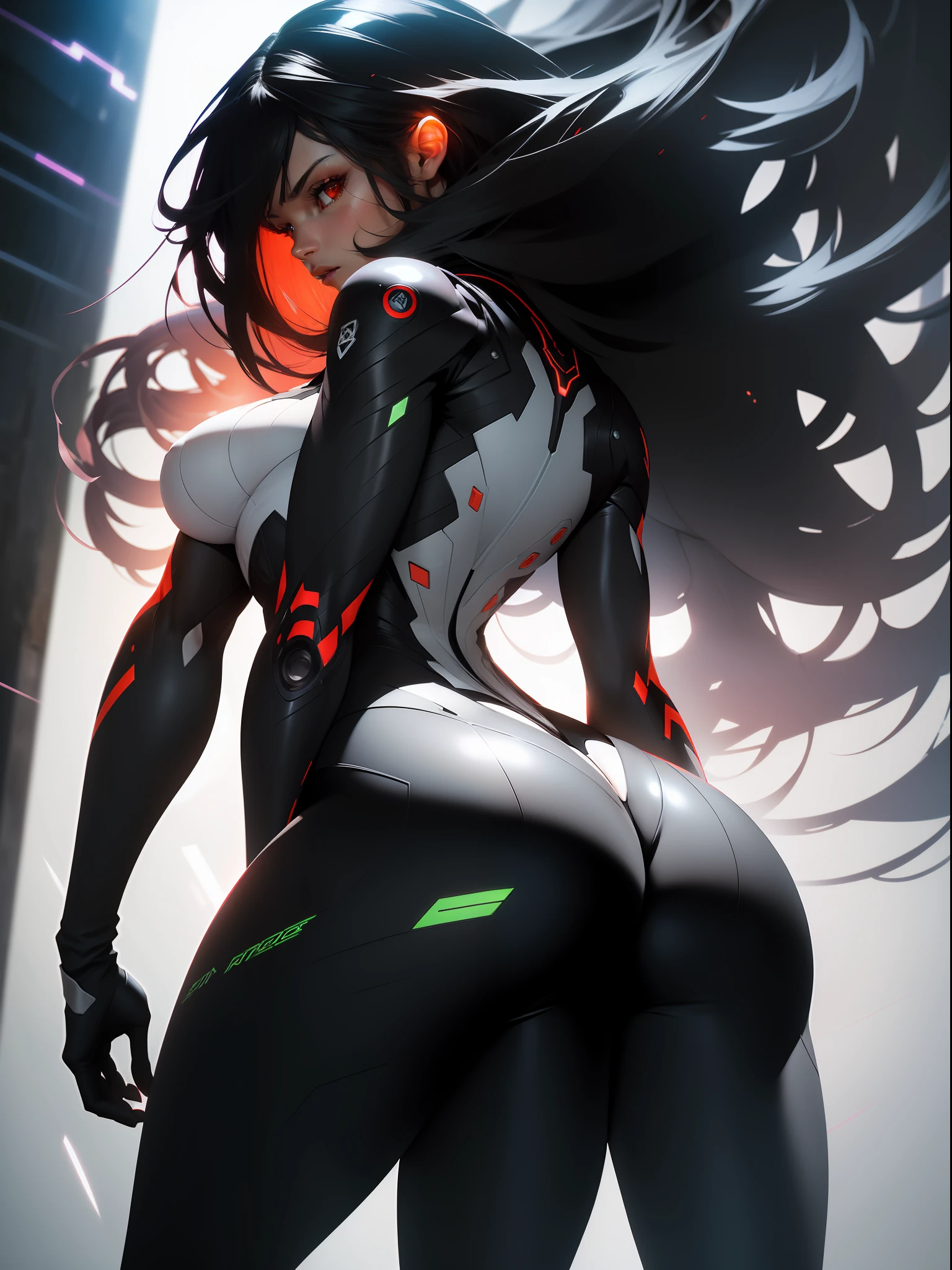 ((Best quality)), ((masterpiece)), (detailed: 1.4), (Nonsense), Fighter pilot black woman afro ready for war, (((back)))), (((perfect ass))), dark skin, flash dc comics, lightning and lightning, sculptural body defined muscle, (((full body)))), bare half-thick thighs, closed mouth, muscular body covered in technological clothing, Neon Genesis Evangelion style, cyberpunk, generous neckline, ((perfect medium breasts)), (black eyes without pupils), ((totally red and dark green clothing with white rays)), (((long straight black hair with heavy bangs on the forehead)))), long and black eyelashes heavy makeup, garter belt, by mucha, niji --V5, close to real, psychopath, crazy face, sexy pose, red and white background, 2 pieces clothing, pastel, centered, scale to fit the dimensions, HDR (High Dynamic Range),Ray Tracing,NVIDIA RTX,Super-Resolution,Unreal 5,Subsurface Dispersion, PBR Texture, Post-processing, Anisotropic filtering, Depth of field, Maximum clarity and sharpness, Multilayer textures, Albedo and specular maps, Surface shading, Accurate simulation of light-material interaction, Perfect proportions, Octane Render, Two-tone lighting, Wide aperture, Low ISO, White balance, Rule of thirds, 8K RAW, crysisnanosuit