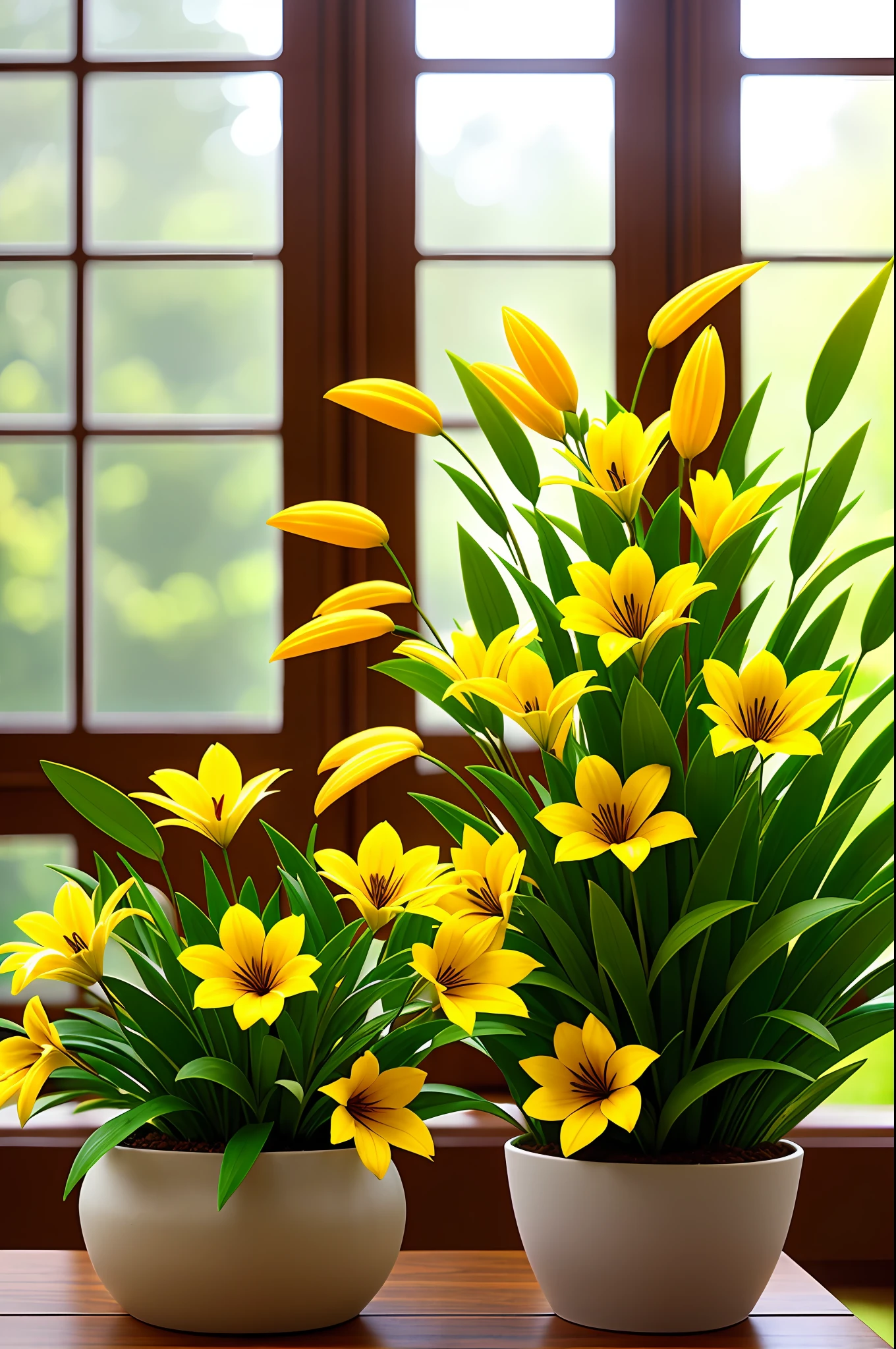 Clay pot, yellow lily flowers, by the window, sunlight coming in, blank background, lots of details, high quality, 8k,