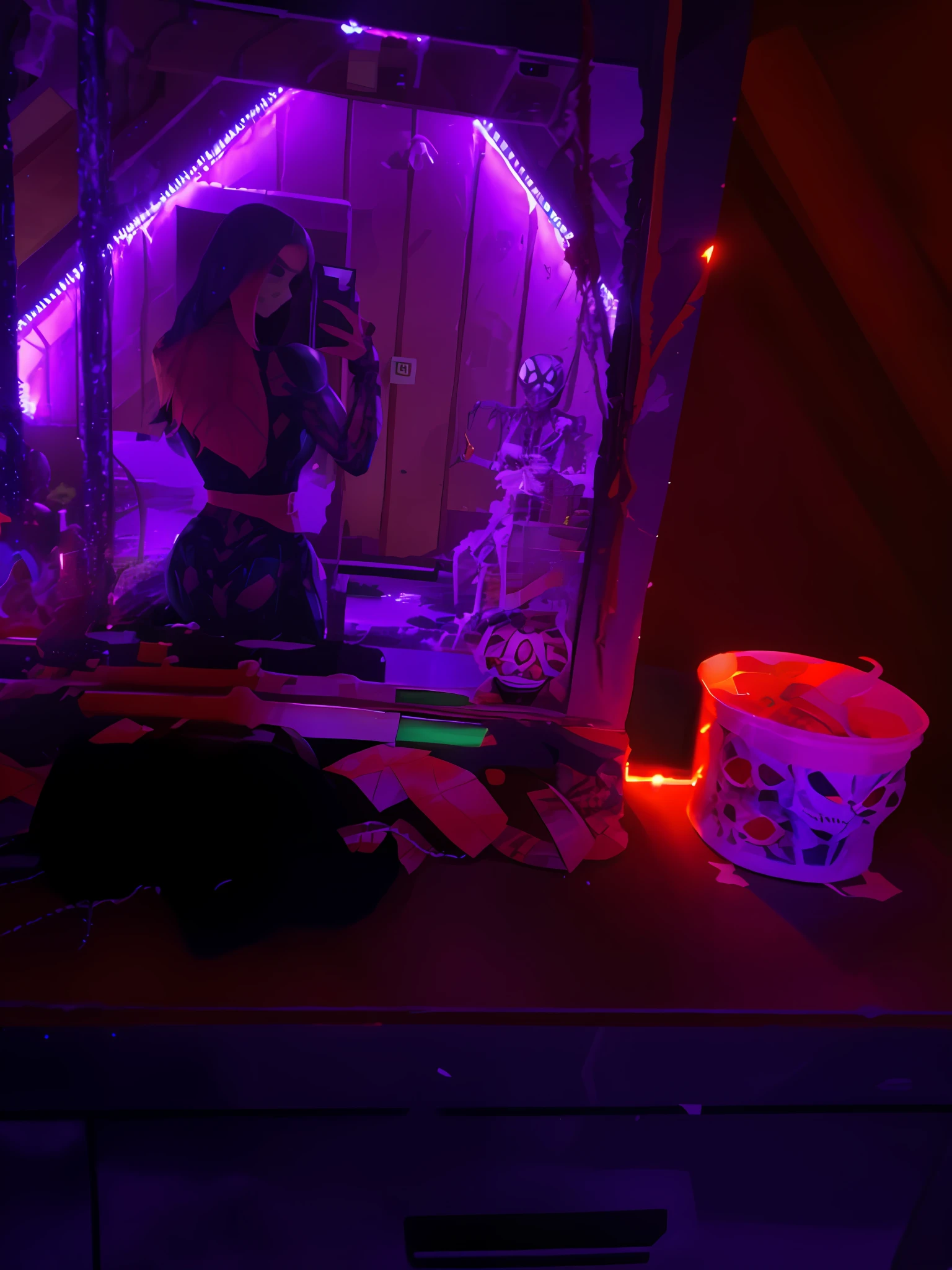 Create an image with 64k resolution, Unreal Engine 5, SpiderMan style, Super Metroid style, full body image of a zombie skeleton woman, cosplaying Spider-Man in black costume with white parts, looking at the viewer, green eyes, blue hair, holding a suitcase, in a haunted hotel with ghosts, Put only one character in the image.