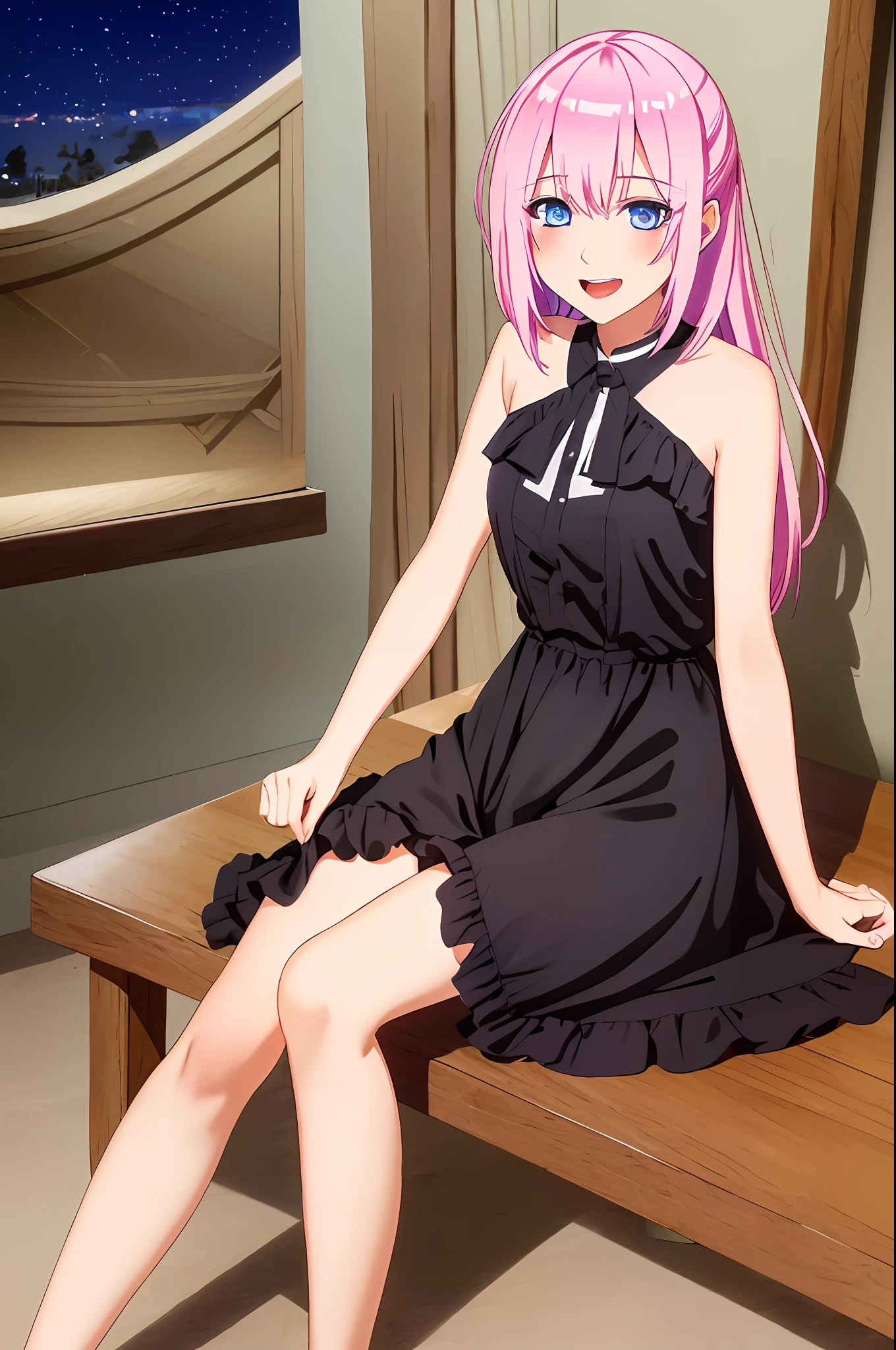 1girl, solo, shikimoriMicchon, highres, hdr, (((best quality, masterpiece))), ultra detailed illustration, extremely detailed face, (night dress), open mouth, smile, blush, bed, bedroom, sitting, stocking, sexy pose, hands behind,