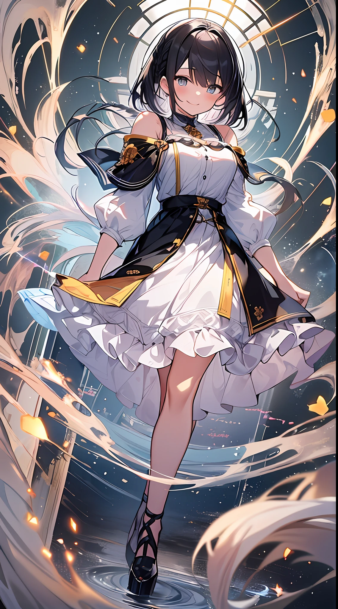 Top Quality, Masterpiece, High Definition, 8k, Girl in Anime Style with Light Shirt and Skirt, One Girl, Detailed Line Art, Bright White and Bright Amber Style, Digital Enhancement, Close Up, Anime Core, Flowing Fabric, Shoulder Length and Short Braid, Beautiful Black Hair, Big Smile, Full Body Angle