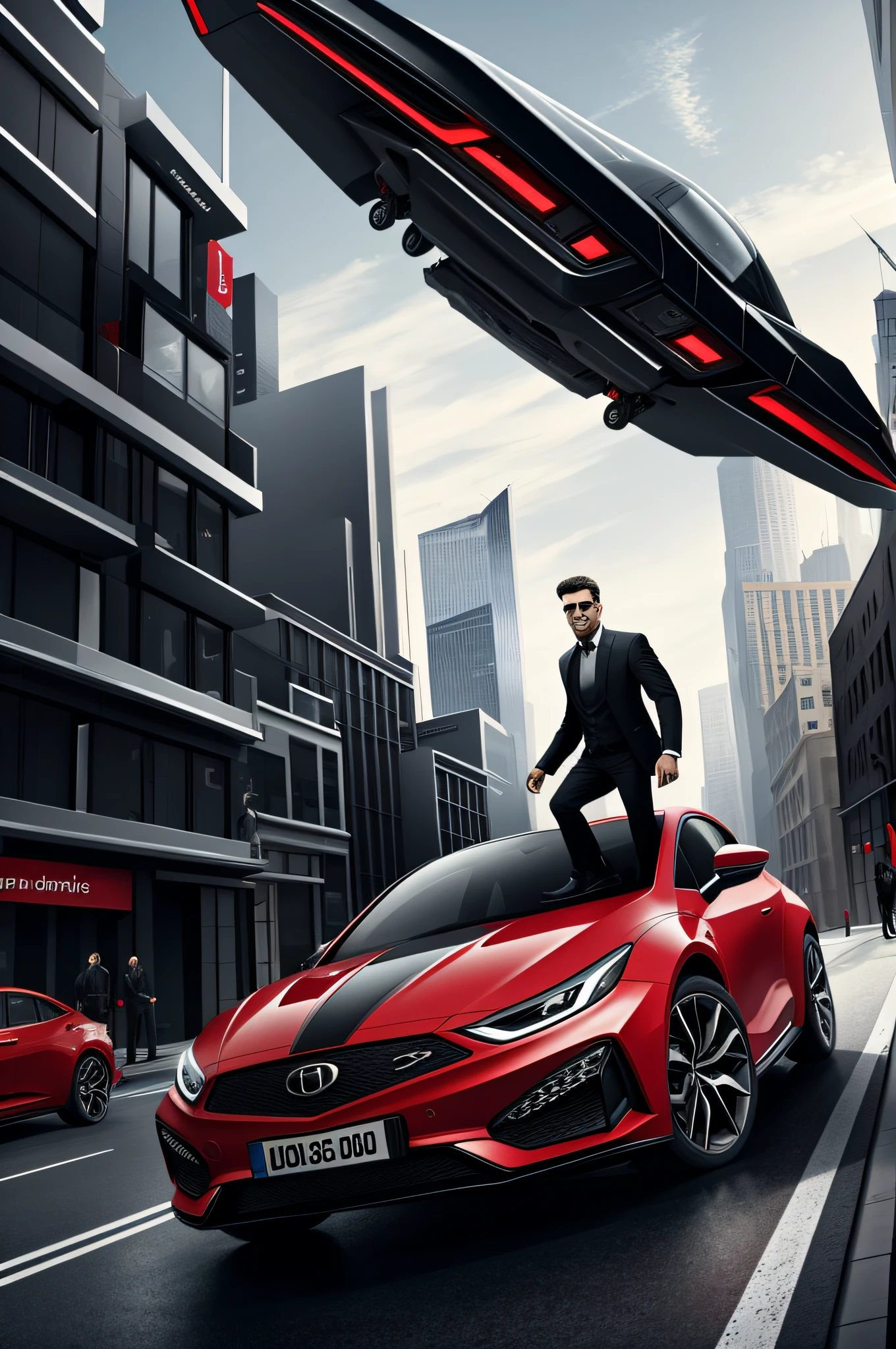 Man in black getting out of the red car flying in the sky of a futuristic city