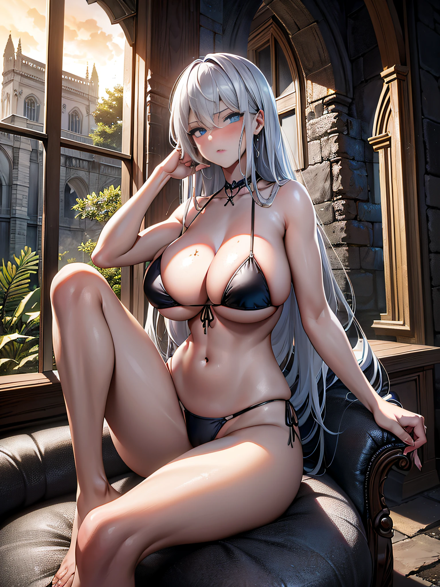(Masterpiece, best quality, photorealistic, hyper realistic), (1 Girl, Silver hair), ((extremely detailed face)) (huge breast), (Black triangle bikini, Low Rise Bikini), (toned:1.1), (blue eyes) (spread legs:1.2) Armature, looking at viewer, (blush:1.2), perfect lighting, Dark Fantasy, dark clouds, cloudy sky, sunrise, (dark skin:1.2), (((jungle))) desolate and empty landscape in the background, forlorn expression, (dark:1.1), (gothic:1.1), dejected posture, (old ruined castle:1.2), broken castle, dilapidated throne, (indoors)