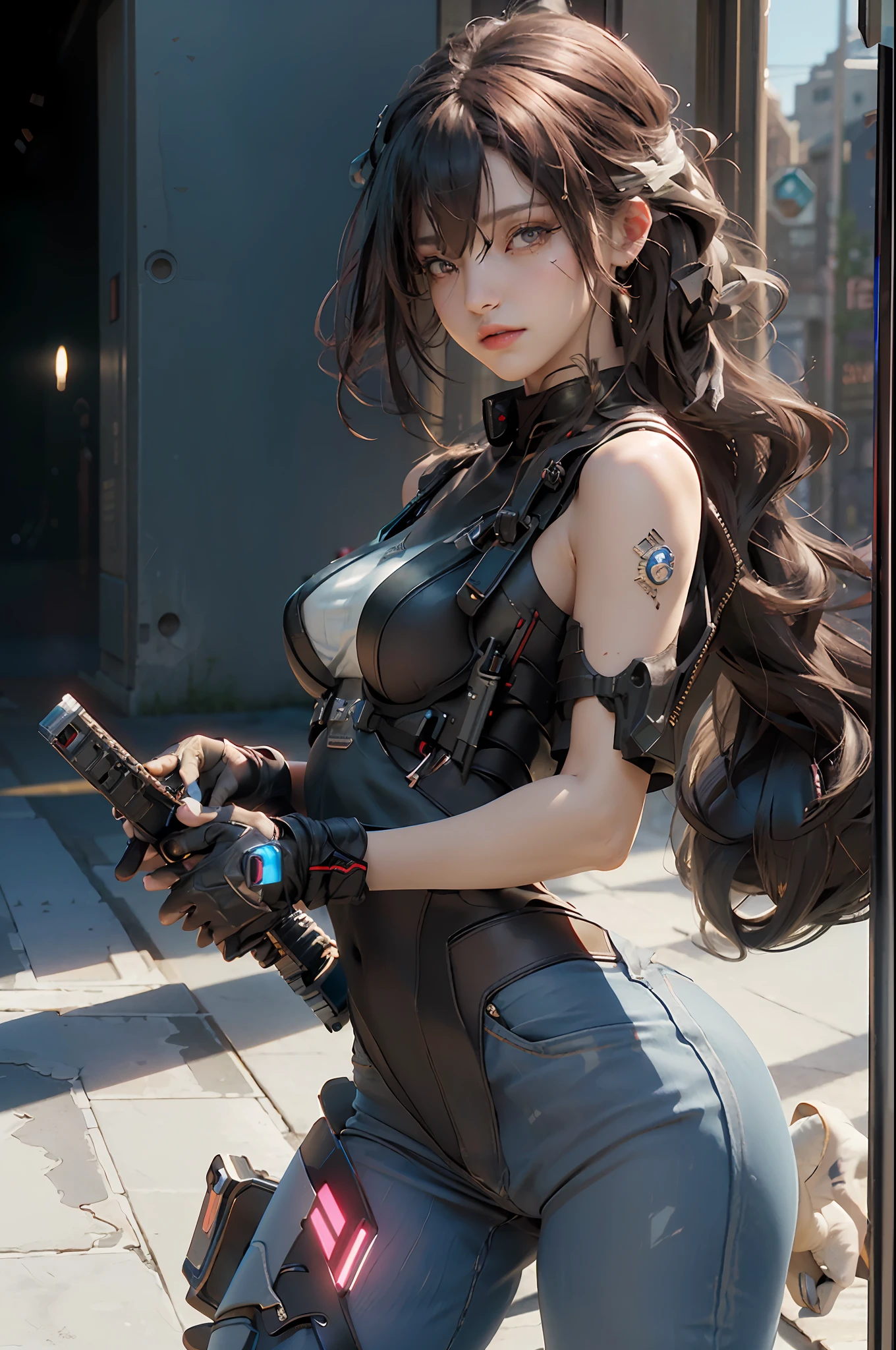 (Best Quality), (Masterpiece), (Detail: 1.4), 3D, (Square)), Perfect Face, Perfect Fingers, Perfect Figure, A Beautiful Cyberpunk Female Image Facing Up, (Small Breast: 1.3), (Firearms), HDR (High Dynamic Range), Ray Tracing, NVIDIA RTX, Super-Resolution, Unreal 5, Subsurface Scattering, PBR Texture, Post Processing, Anisotropic Filtering, Depth of Field, Maximum sharpness and sharpness, multi-layer textures, albedo and highlight maps, surface shading, accurate simulation of light-material interactions, perfect proportions, Octane Render, two-color light, large aperture, low ISO, white balance, rule of thirds, 8K RAW,