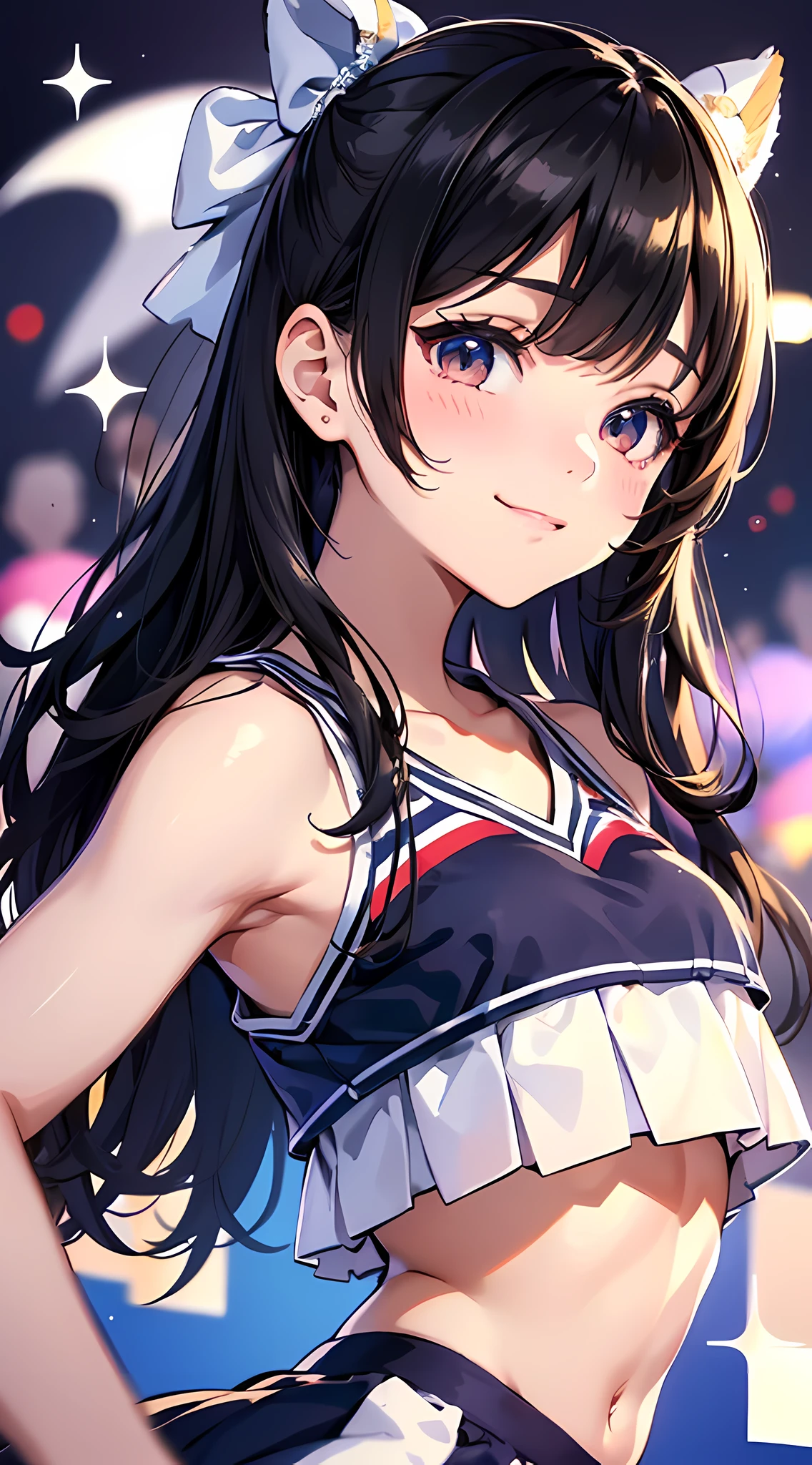 cheerleader,little smile,cheer leading,cheerleader uniform, (((masterpiece))), (((best quality))), ((ultra-detailed)), (illustration), ((an extremely delicate and beautiful)),(bokeh,blurry background),(best shadow), 1girl,white panties, black hair, long hair, kawaii,cute,, shine Highlight Spot on eyes, character focus,head tilt,