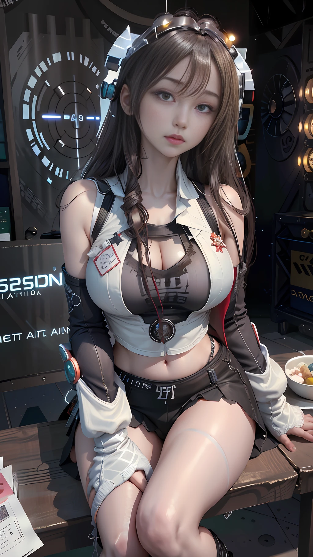 Realism, a woman dressed in white (lace, full robot suit: 1.55) (sitting at a table: 1.5) (body turn to viewer: 1.2), (head to left: 1.8), (crossed legs: 1.4), gray hair, cyborg, robot parts, beautiful and detailed body and face, sakimichan hdri, amouranth, beautiful and detailed orixa, 2049, chiaki nanami, african futuristic, made in maya, sam yang, 2070, cyborg, robot part, 150mm, beautiful studio soft light, edge light, vibrant details, luxurious cyberpunk, lace, surrealism, anatomy, facial muscles, cable wire, microchip, elegant, beautiful background, octane rendering, 8k, best quality, masterpiece, illustration, very refined and beautiful, very detailed, CG, unified, wallpaper, (realistic, Realism: 1.37), stunning, fine details, masterpiece, best quality, official art, very detailed CG unified 8k wallpaper, ridiculous, incredibly ridiculous, robot, silver helmet, (full body: 1.4), sitting, (nsfw: 1.2),