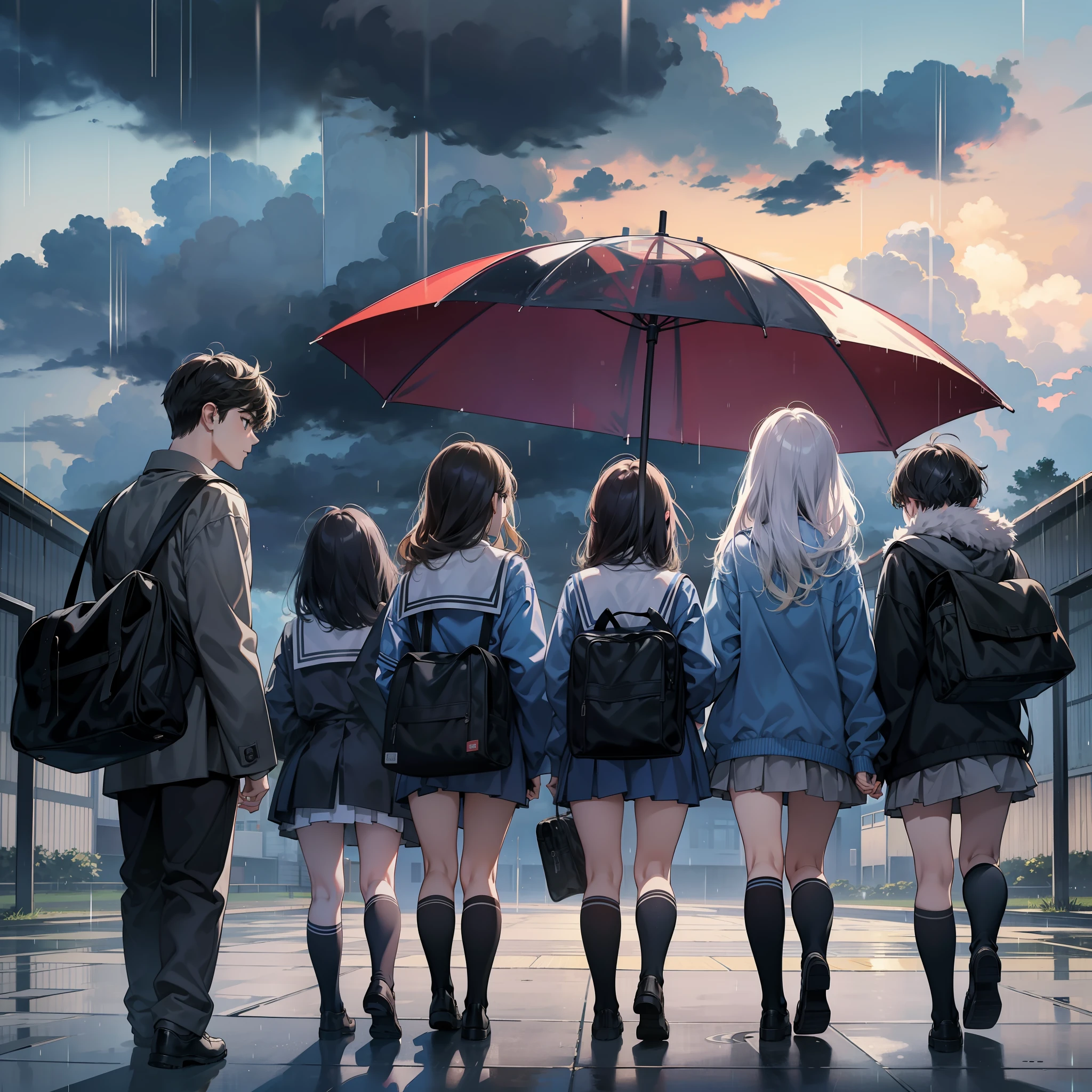 Anime girls standing in the rain with umbrellas in their hands - SeaArt AI
