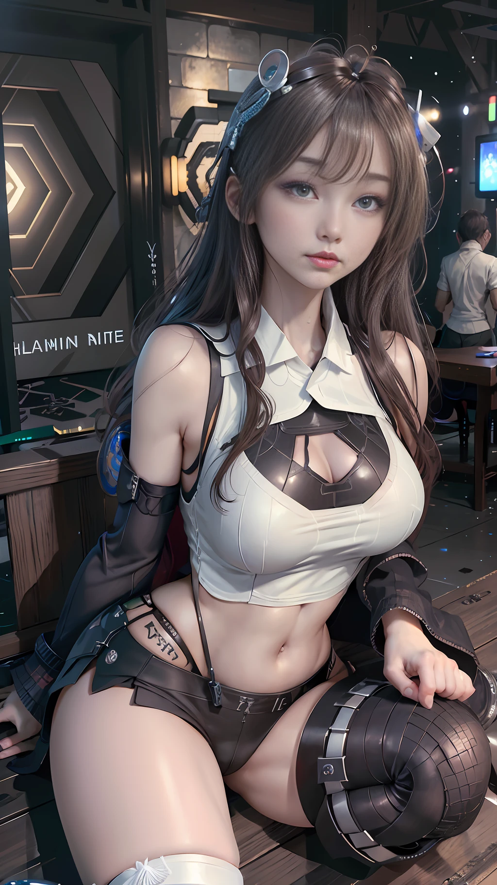 Realism, a woman dressed in white (lace, full robot suit: 1.55) (sitting at a table: 1.5) (body turn to viewer: 1.2), (head to left: 1.8), (crossed legs: 1.4), gray hair, cyborg, robot parts, beautiful and detailed body and face, sakimichan hdri, amouranth, beautiful and detailed orixa, 2049, chiaki nanami, african futuristic, made in maya, sam yang, 2070, cyborg, robot part, 150mm, beautiful studio soft light, edge light, vibrant details, luxurious cyberpunk, lace, surrealism, anatomy, facial muscles, cable wire, microchip, elegant, beautiful background, octane rendering, 8k, best quality, masterpiece, illustration, very refined and beautiful, very detailed, CG, unified, wallpaper, (realistic, Realism: 1.37), stunning, fine details, masterpiece, best quality, official art, very detailed CG unified 8k wallpaper, ridiculous, incredibly ridiculous, robot, silver helmet, (full body: 1.4), sitting, (nsfw: 1.2),