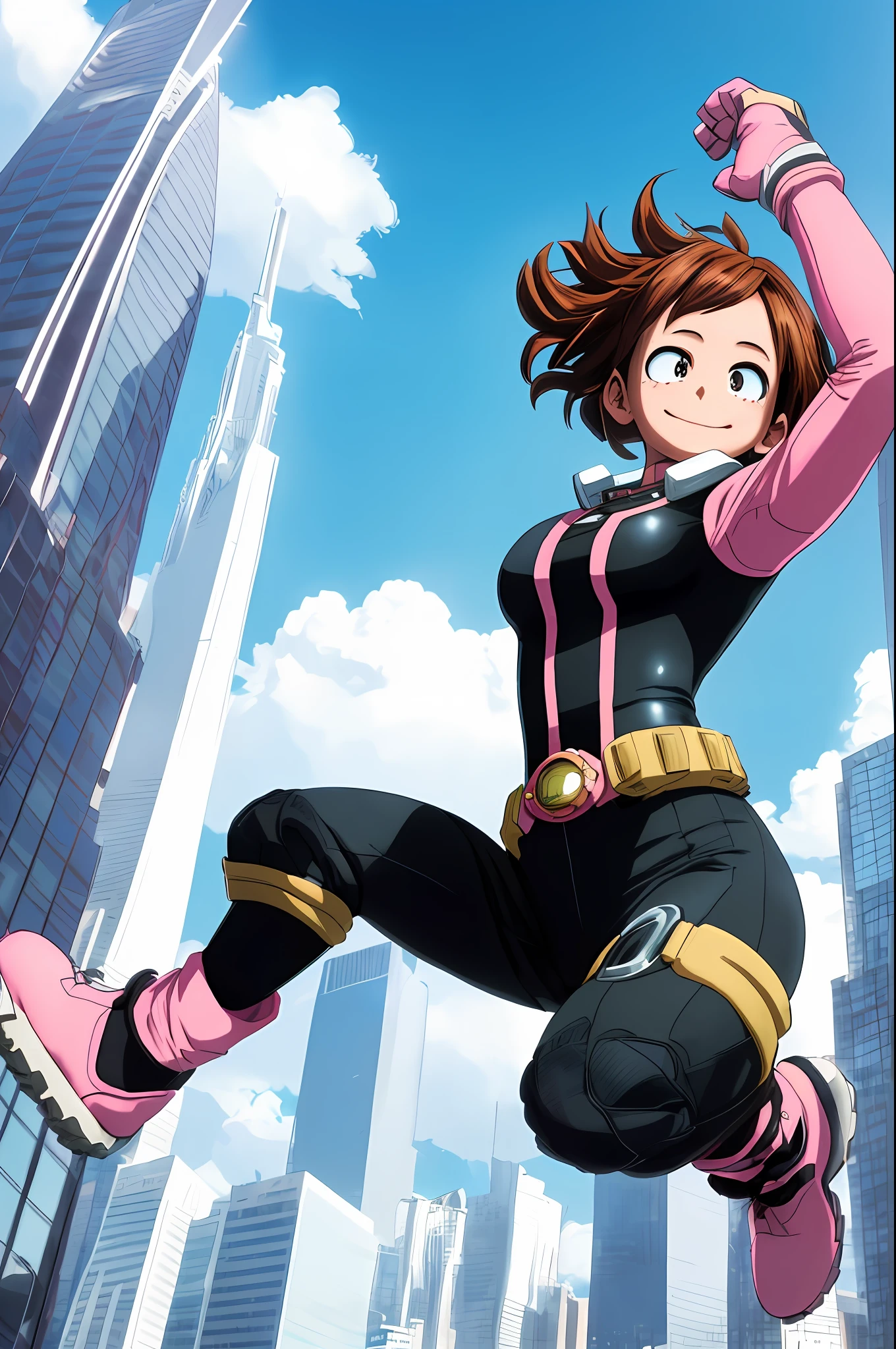 [ochako uraraka; Boku no hero academia], ((solo portrait)), ((raw photo)), ((High definition)), ((anime)), ((Kohei Horikoshi)), ((raytracing)), ((detailed shading)), ((intricate details)), {ochako; (rosy cheeks, big round brown eyes, short brown hair, short eyelashes, large boobs, curvaceous hips), (pink and black skintight suit; 3 black buttons on chest, giant pink boots, hero costume), excited smile, (athletic body; defined abs)}, ((leaping; on top of skyscraper, looking ahead), (arms in air)), [Background; (outside daytime; city; skyscrapers)]