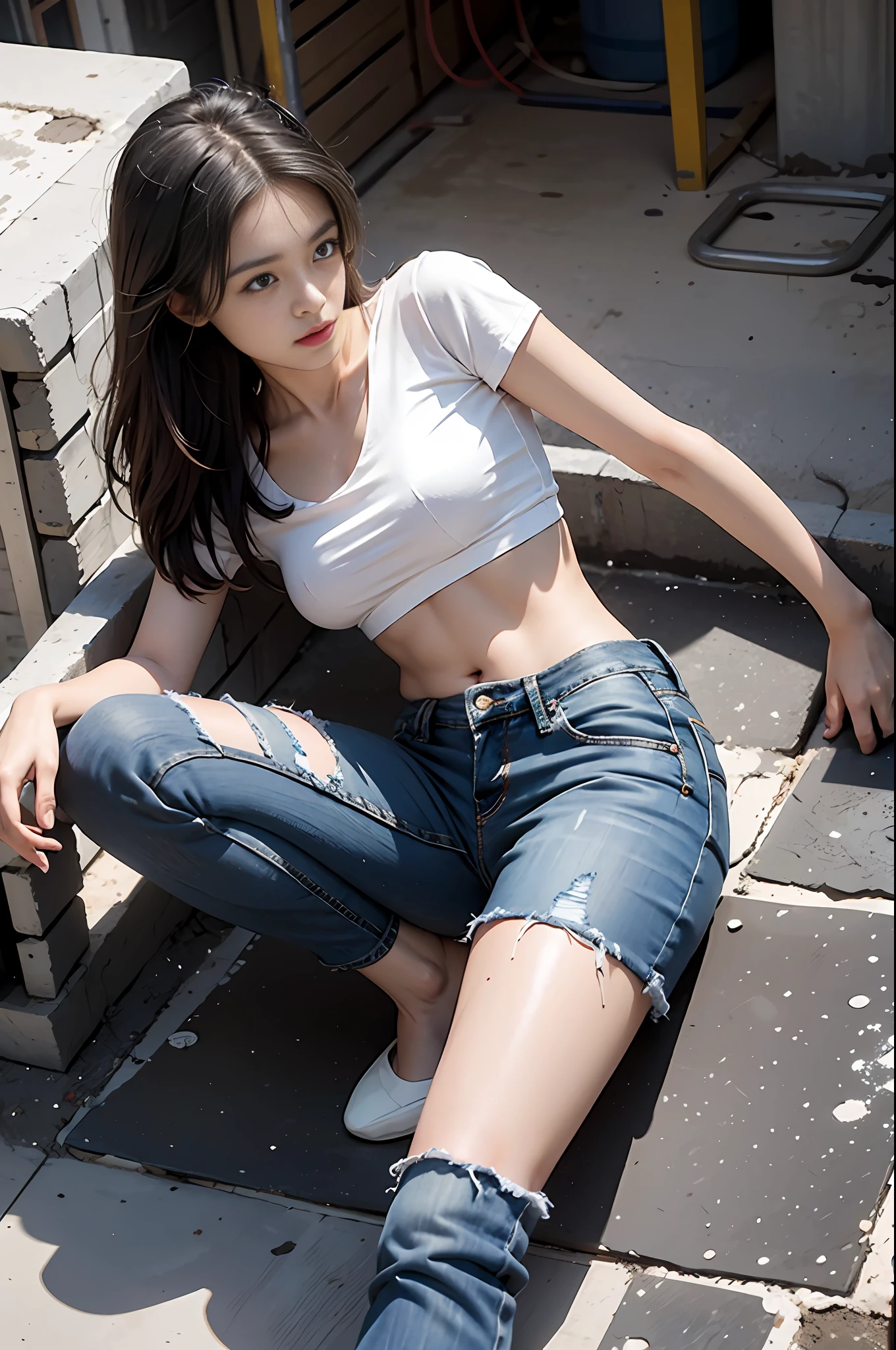 Girl in white shirt and tight denim skirt posing for photo, full body, legs spread, cut t-shirt, bra, slim body, small bust, slim girl model, 24 year old female model, lying on construction site, group of black men watching
