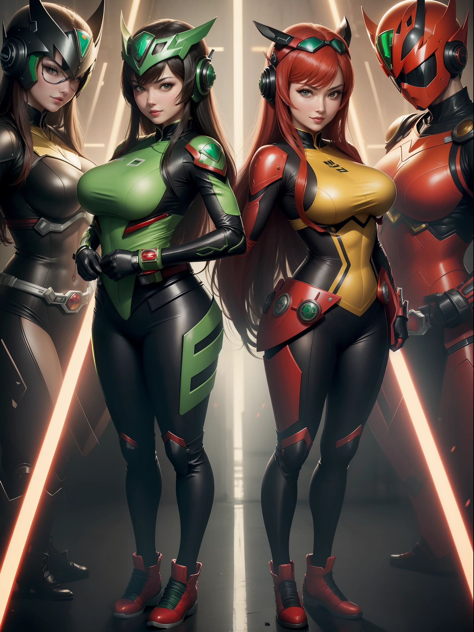 (Full body photo:1.5). (1Laura/woman/Chinese:1.5), (big breasts:1.2), (Wearing Kamern Rider costume/extremely tight on body/helmet on head:1.2), she's in a futuristic city in battle pose raining hard at night:1.3), she has (red hair:1.0), (green eyes:1.0), (she's looking at the viewer, smiling, fist clenched, she's extremely exhibitionist:1.3),  Kamen Rider, Tokusatsu, anime, framed, symmetry, 16k, best quality, super detail, textured skin, UHD