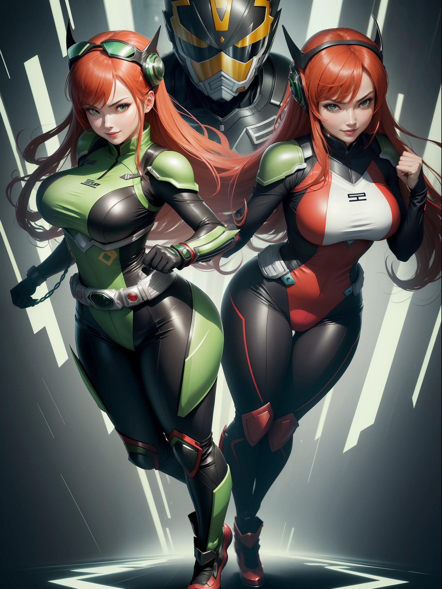 (Full body photo:1.5). (1Laura/woman/Chinese:1.5), (big breasts:1.2), (Wearing Kamern Rider costume/extremely tight on body/helmet on head:1.2), she's in a futuristic city in battle pose raining hard at night:1.3), she has (red hair:1.0), (green eyes:1.0), (she's looking at the viewer, smiling, fist clenched, she's extremely exhibitionist:1.3), Kamen Rider, Tokusatsu, anime, framed, symmetry, 16k, best quality, super detail, textured skin, UHD