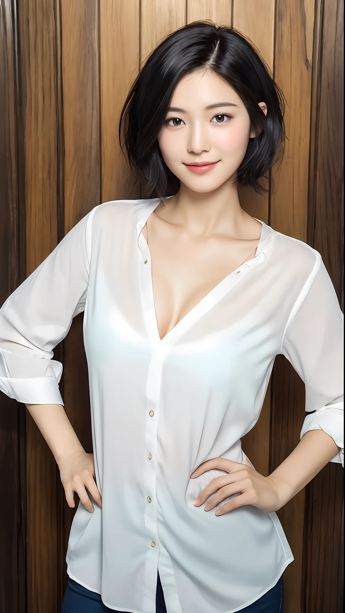 (masterpiece:1.3), (8k, photorealistic, RAW photo, best quality: 1.4), japanese, (1girl), beautiful face, (realistic face), (black hair, short hair:1.3), beautiful hairstyle, realistic eyes, beautiful detailed eyes, (realistic skin), beautiful skin, attractive, ultra high res, ultra realistic, highly detailed, golden ratio,  (detaled face:1.2),looking at viewer,smile,open white shirt,medium breasts,standing,hand on hip