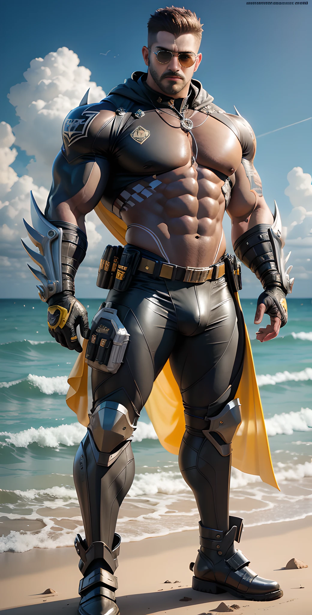 Arad man in yellow and black clothes standing by the sunny sea, muscular male hero, conceptual art like Ernest Khalimov, heroic male pose, muscular! Wearing black sunglasses, round head Buzz Cut, cyberpunk, stealth suit, symmetrical floral texture design, super buff and cool, high resolution commission, Chris Redfield, Jigachard muscle, Ernest Khalimov body, character design police, black military boots, charismatic strong male with armor
