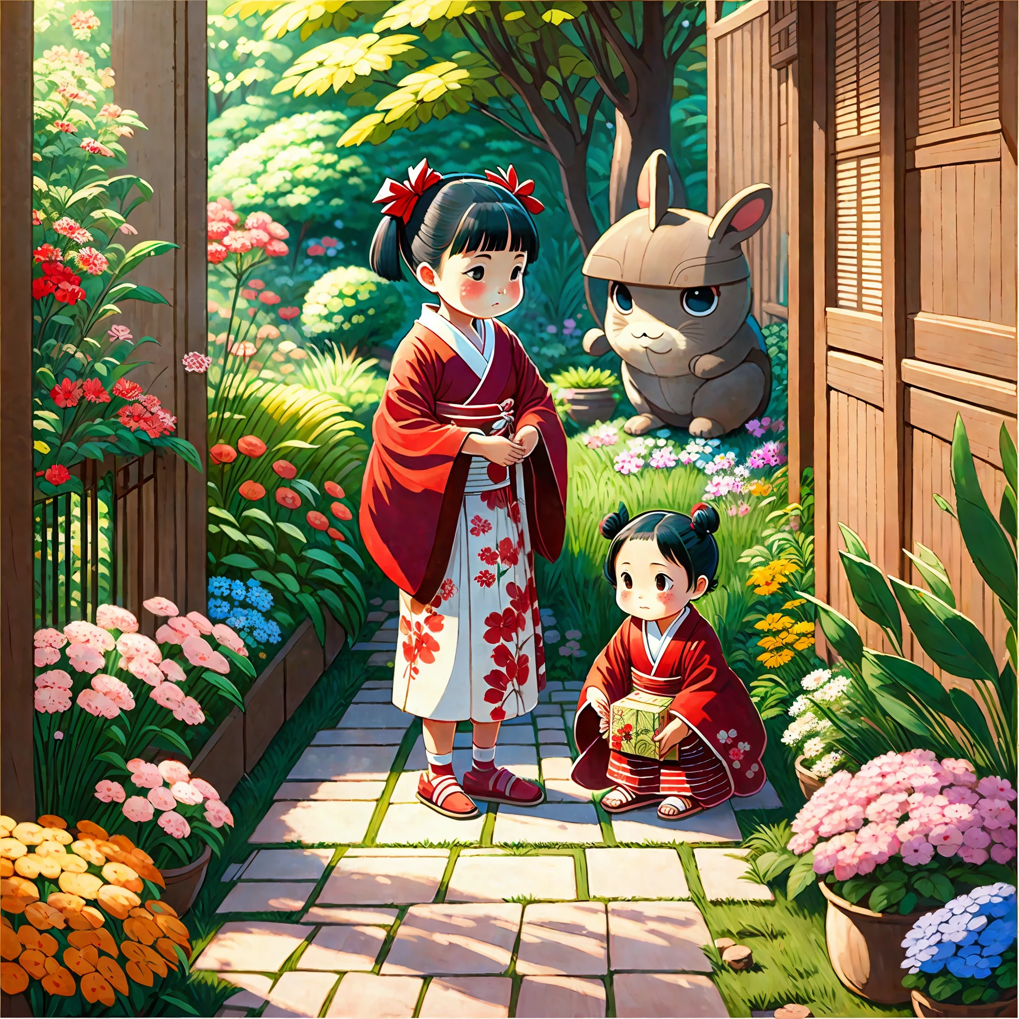 Nini, a little girl in a bun and a red kimono, is happily opening presents with three friends in a Miyazaki-style garden, the painting has high detail and is 8K resolution, the aspect ratio is 4:5, the light effect is 5, and the saturation is 180 --auto --s2