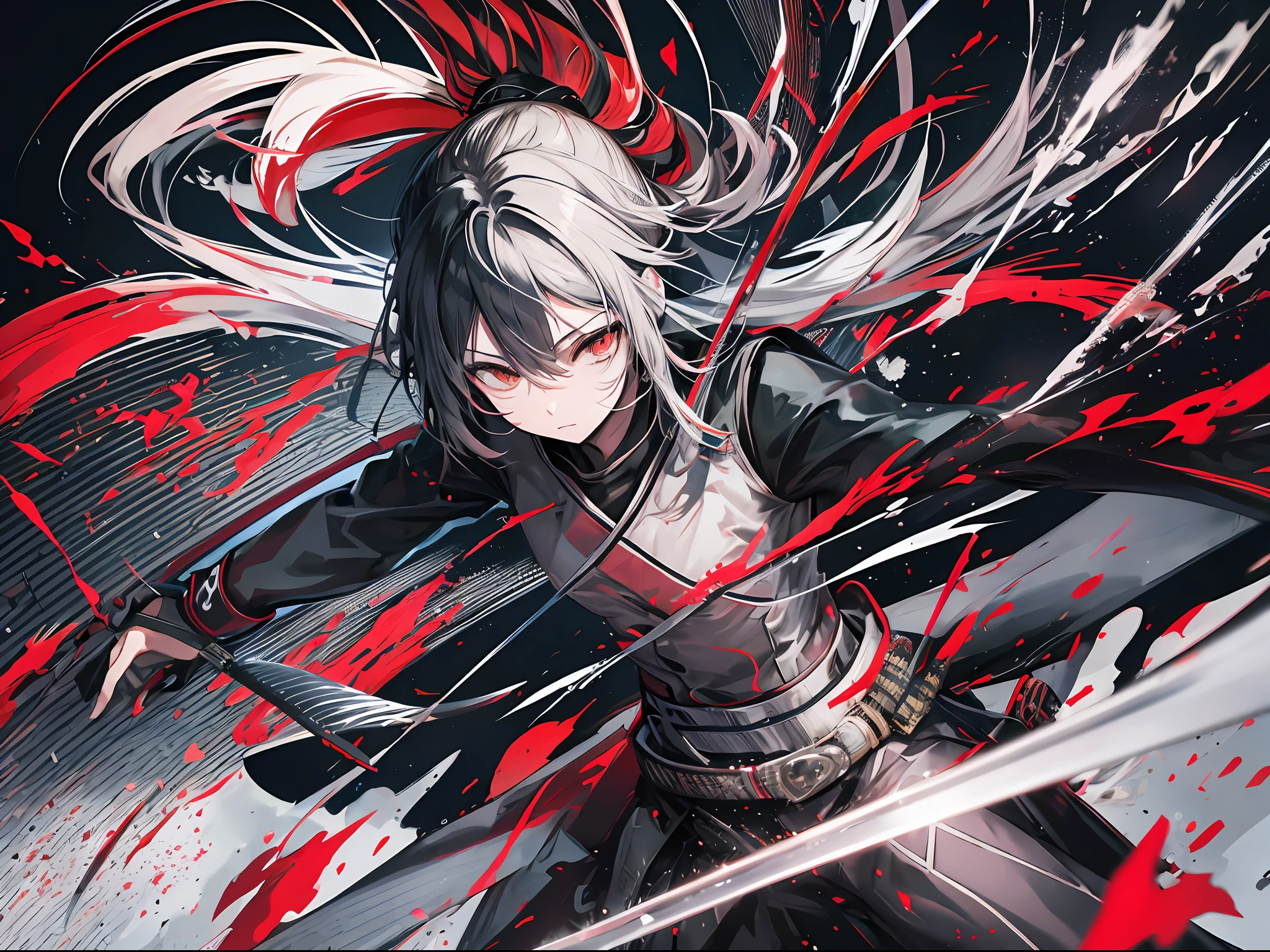 Katana, sword swipe trail, sword trail, slash trail, afterimage, motion blur, air crack, screen crack, black and red, cool, masterpiece, absurdres