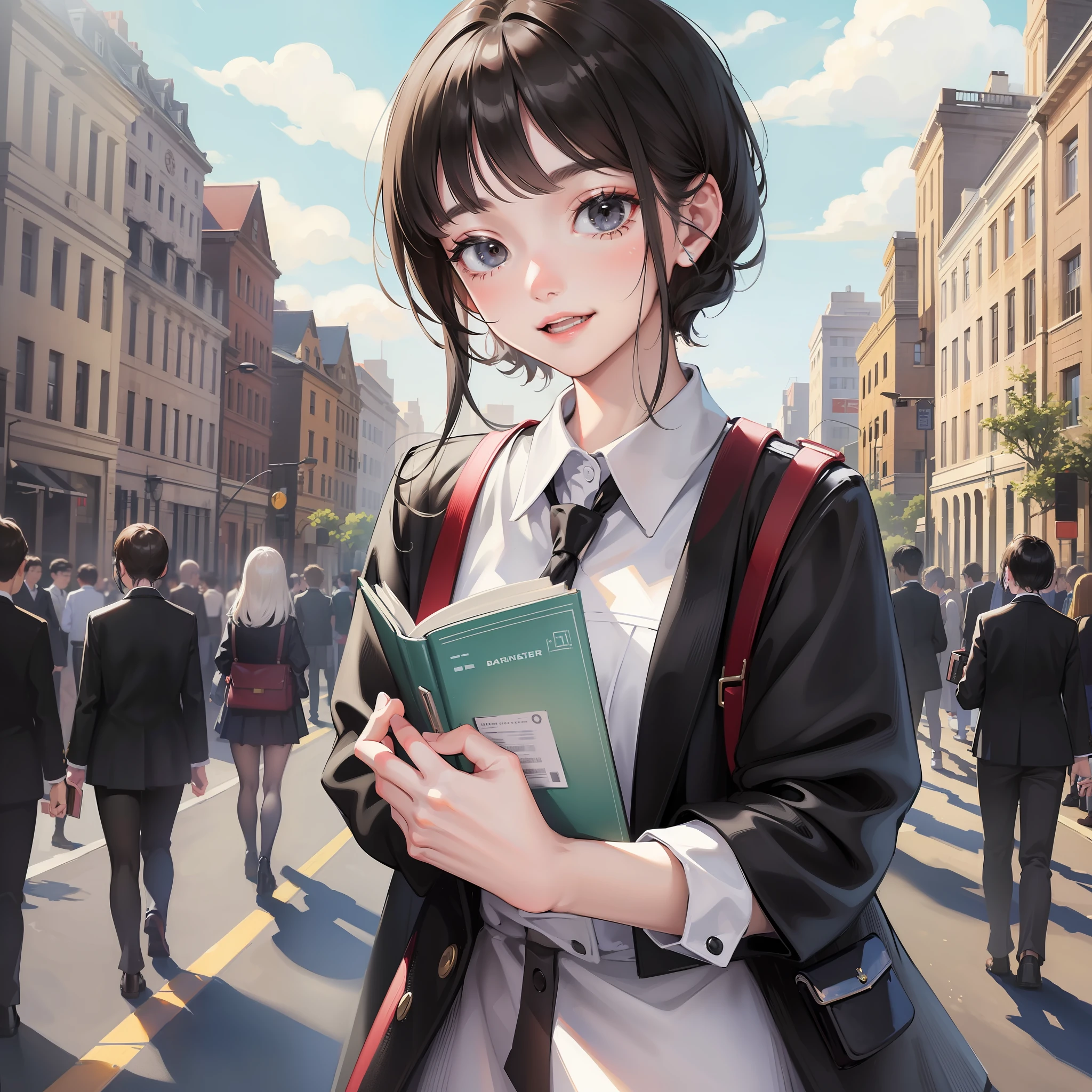 ((Masterpiece)), (Best Quality), (Detailed), (1Girl), short black hair, black eyes, white school uniform, holding a book in hand, smiling, on campus, surrounded by pedestrians