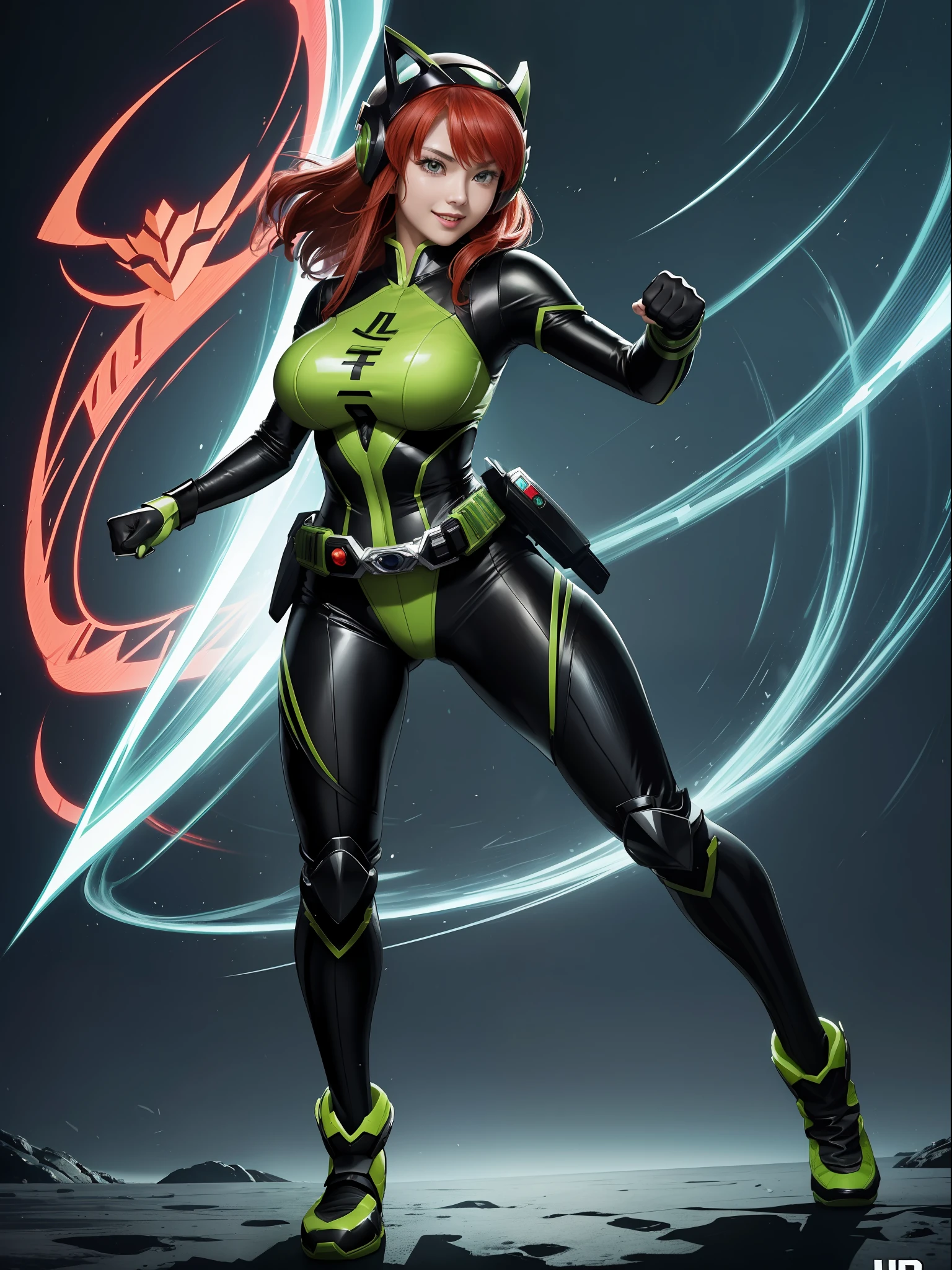 (Full body photo:1.5). (1Laura/woman/Chinese:1.5), (big breasts:1.2), (Wearing Kamern Rider costume/extremely tight on body/helmet on head:1.2), she's in a futuristic city in battle pose raining hard at night:1.3), she has (red hair:1.0), (green eyes:1.0), (she's looking at the viewer, smiling, fist clenched, she's extremely exhibitionist:1.3), Kamen Rider, Tokusatsu, anime, framed, symmetry, 16k, best quality, super detail, textured skin, UHD