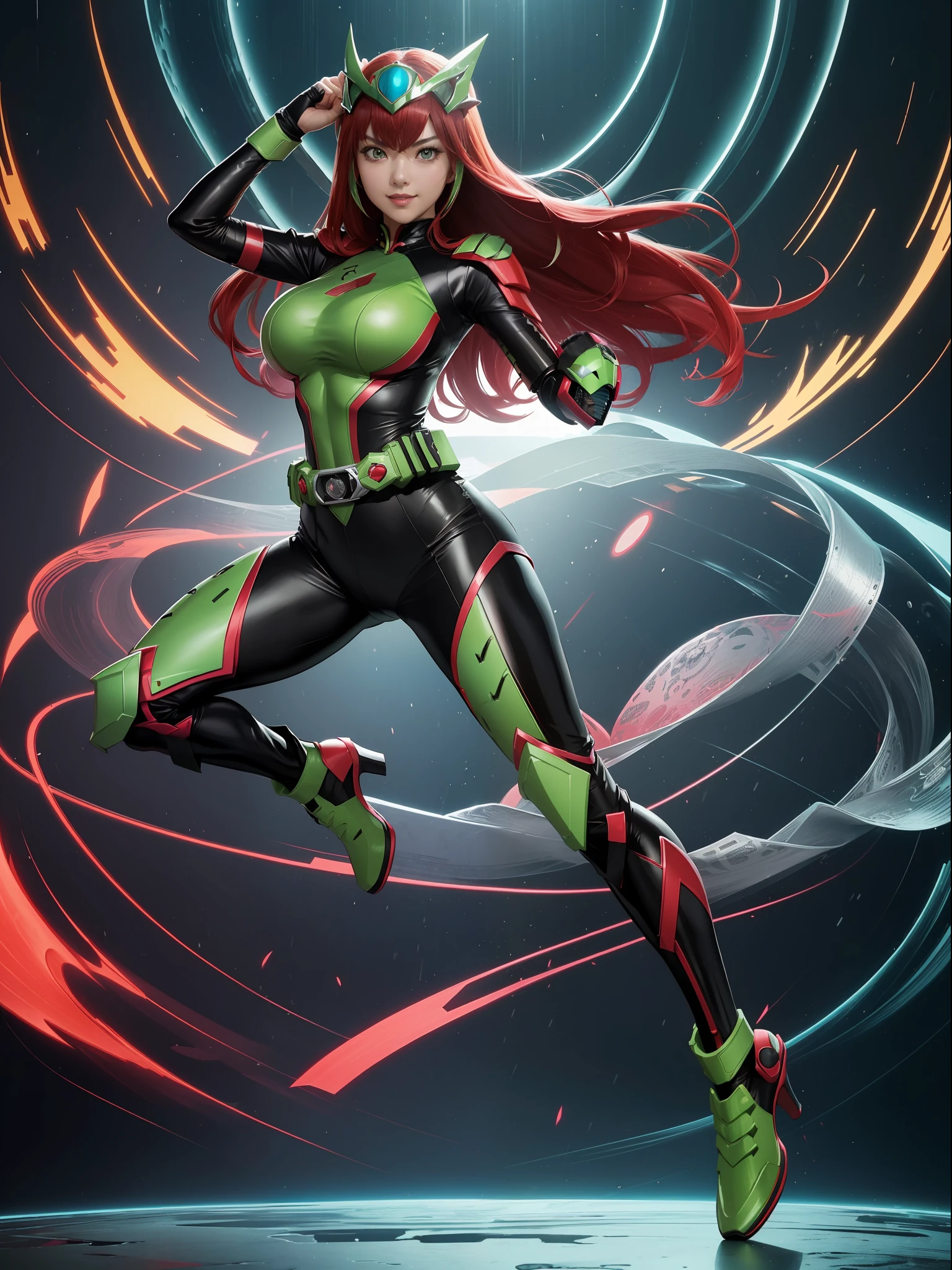 (Full body photo:1.5). (1Laura/woman/Chinese:1.5), (big breasts:1.2), (Wearing Kamern Rider costume/extremely tight on body/helmet on head:1.2), she's in a futuristic city in battle pose raining hard at night:1.3), she has (red hair:1.0), (green eyes:1.0), (she's looking at the viewer, smiling, fist clenched, she's extremely exhibitionist:1.3),  Kamen Rider, Tokusatsu, anime, framed, symmetry, 16k, best quality, super detail, textured skin, UHD