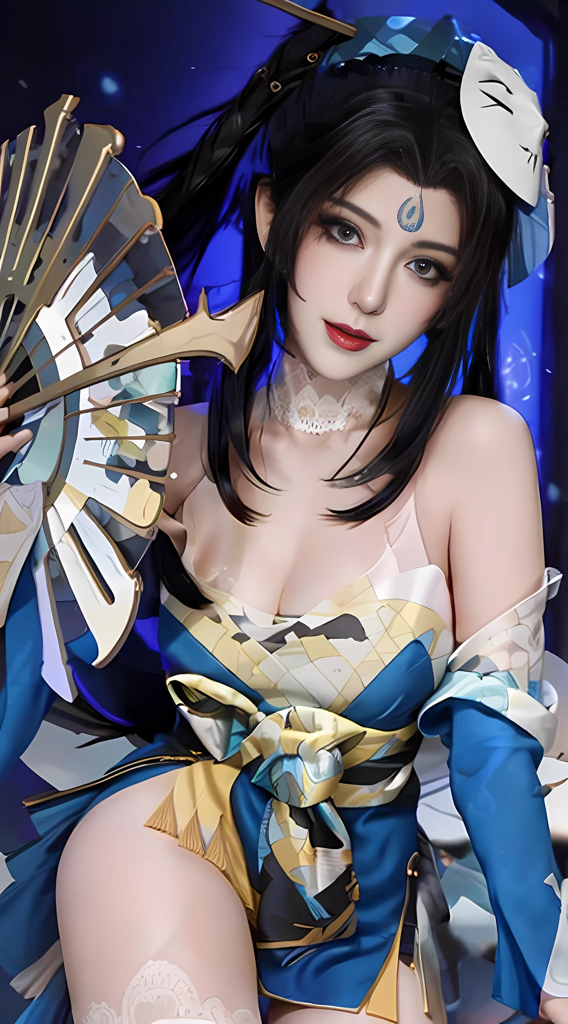 huowu,1girl, solo, black hair, long hair,white thighhighs, chair, high heels, cosplay,((upper body)),young and beautiful, tall and beautiful, fair face, perfect features, tall and beautiful, fair skin, good figure, 4k,cg,
holding fan, blue theme,gameCG background,3Drender,realistic,cinematic lighting,smooth fog,detailed face, light smile, (((The Architectural Background of Japanese Style)))