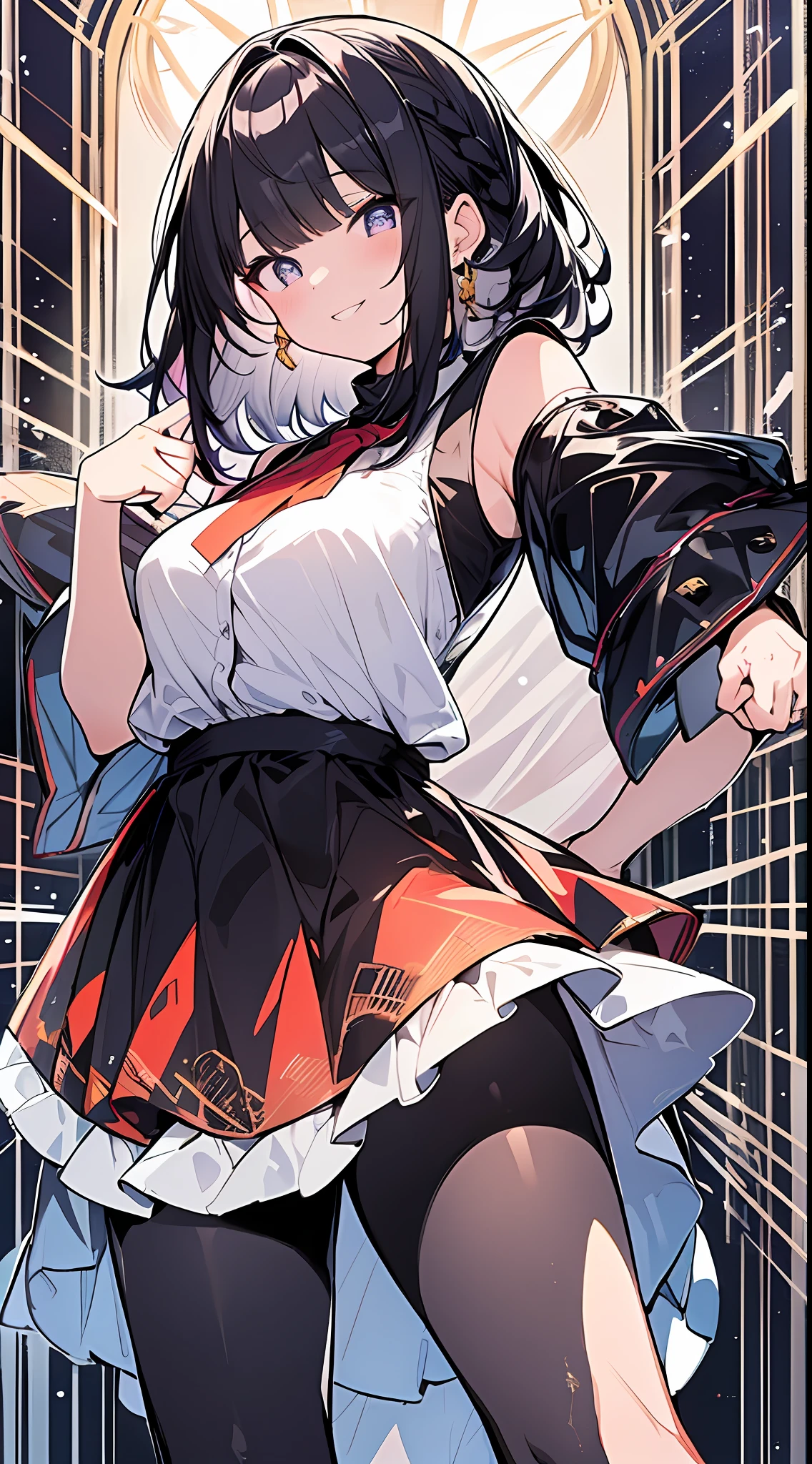 Top Quality, Masterpiece, High Definition, 8k, Girl in Anime Style with Light Shirt and Skirt, One Girl, Detailed Line Art, Bright White and Bright Amber Style, Digital Enhancement, Close Up, Anime Core, Flowing Fabric, Shoulder Length and Short Braid, Beautiful Black Hair, Big Smile, Full Body Angle