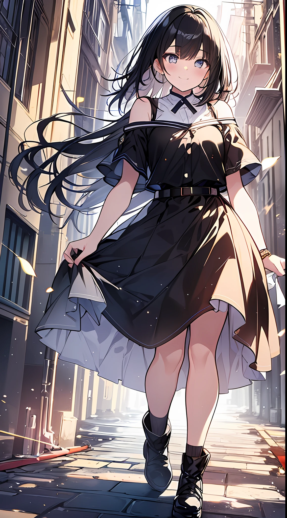 Top Quality, Masterpiece, High Definition, 8k, Girl in Anime Style with Light Shirt and Skirt, One Girl, Detailed Line Art, Bright White and Bright Amber Style, Digital Enhancement, Close Up, Anime Core, Flowing Fabric, Shoulder Length and Short Braid, Beautiful Black Hair, Big Smile, Full Body Angle