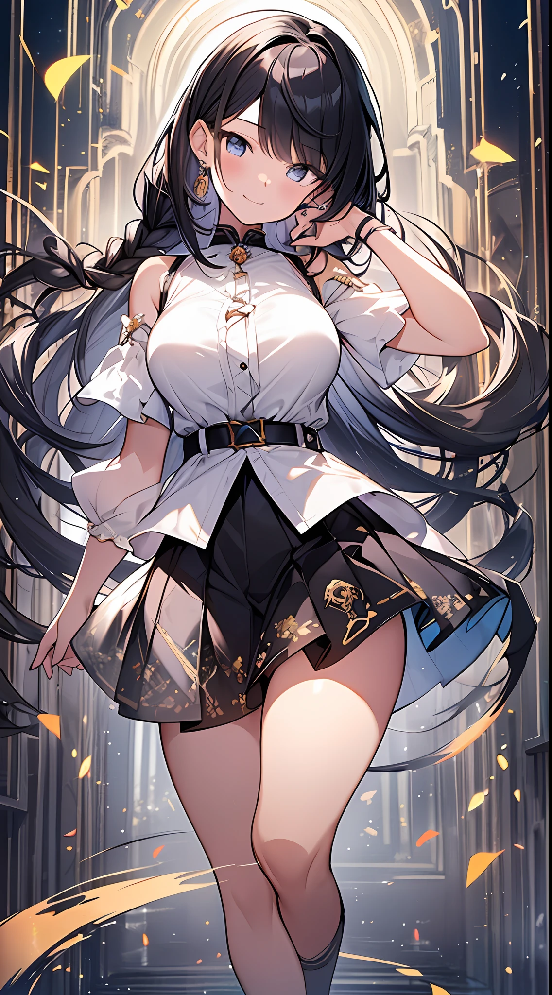 Top Quality, Masterpiece, High Definition, 8k, Girl in Anime Style with Light Shirt and Skirt, One Girl, Detailed Line Art, Bright White and Bright Amber Style, Digital Enhancement, Close Up, Anime Core, Flowing Fabric, Shoulder Length and Short Braid, Beautiful Black Hair, Big Smile, Full Body Angle