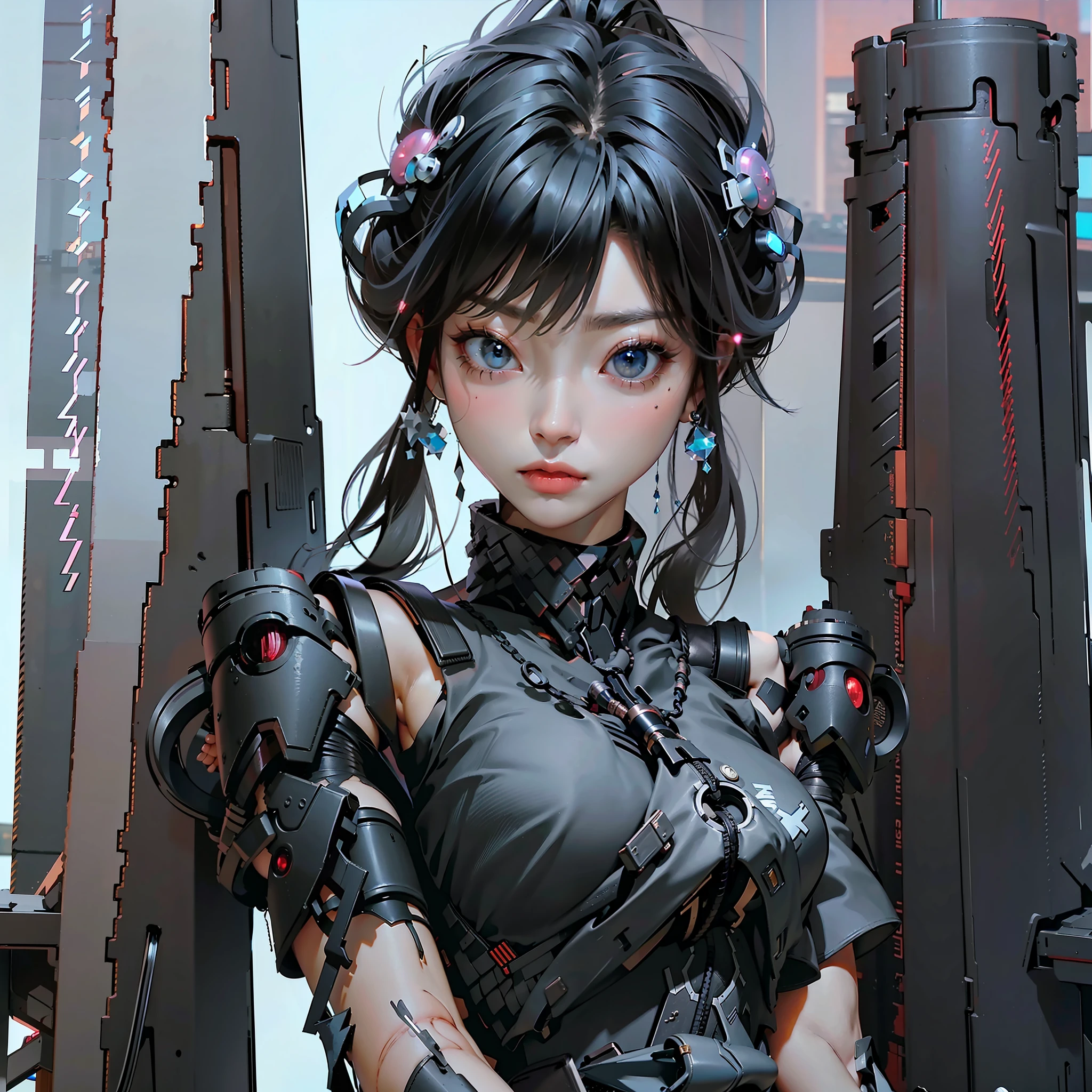 1 girl, black hair, blue eyes, looking at the audience, anger, crystal drop earrings, solo, jewelry, weapons, long hair, robot, cowboy shooter, pants, bangs, science fiction, gloves, medium chest, scarf, elbow gloves, blush, black pants, holding, V-shaped eyebrows, mouth closed, armor, building, standing, glowing, city, mecha, sword, robotic arm, black gloves,.