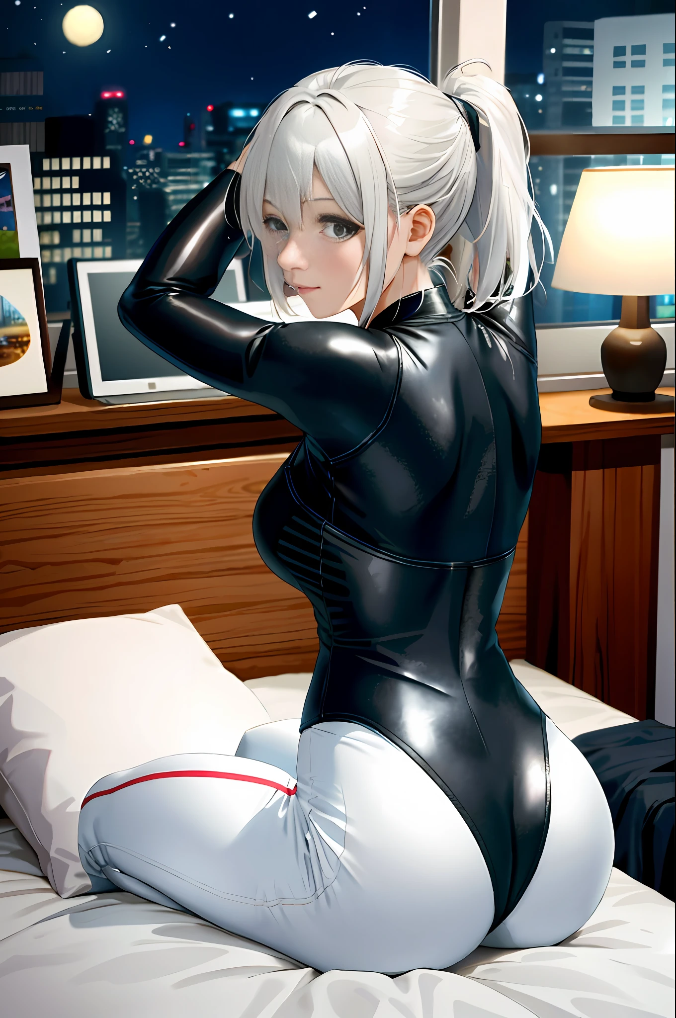 Realistic, Best Quality, 8k Ultra HD, DSLR, Soft Light, High Quality, Film Grain, Fujifilm XT3, (Close Up, Full Body Shot), Leather, 1 Girl, Yoga Suit, White, Sheer, Platinum Bonde Hair Color, Ponytail, (Nighttime, Dark City), Neon, Personality, Authenticity, Creative Expression, Camera, Computer, Books, Messy Room, Bed, Lamp, Window