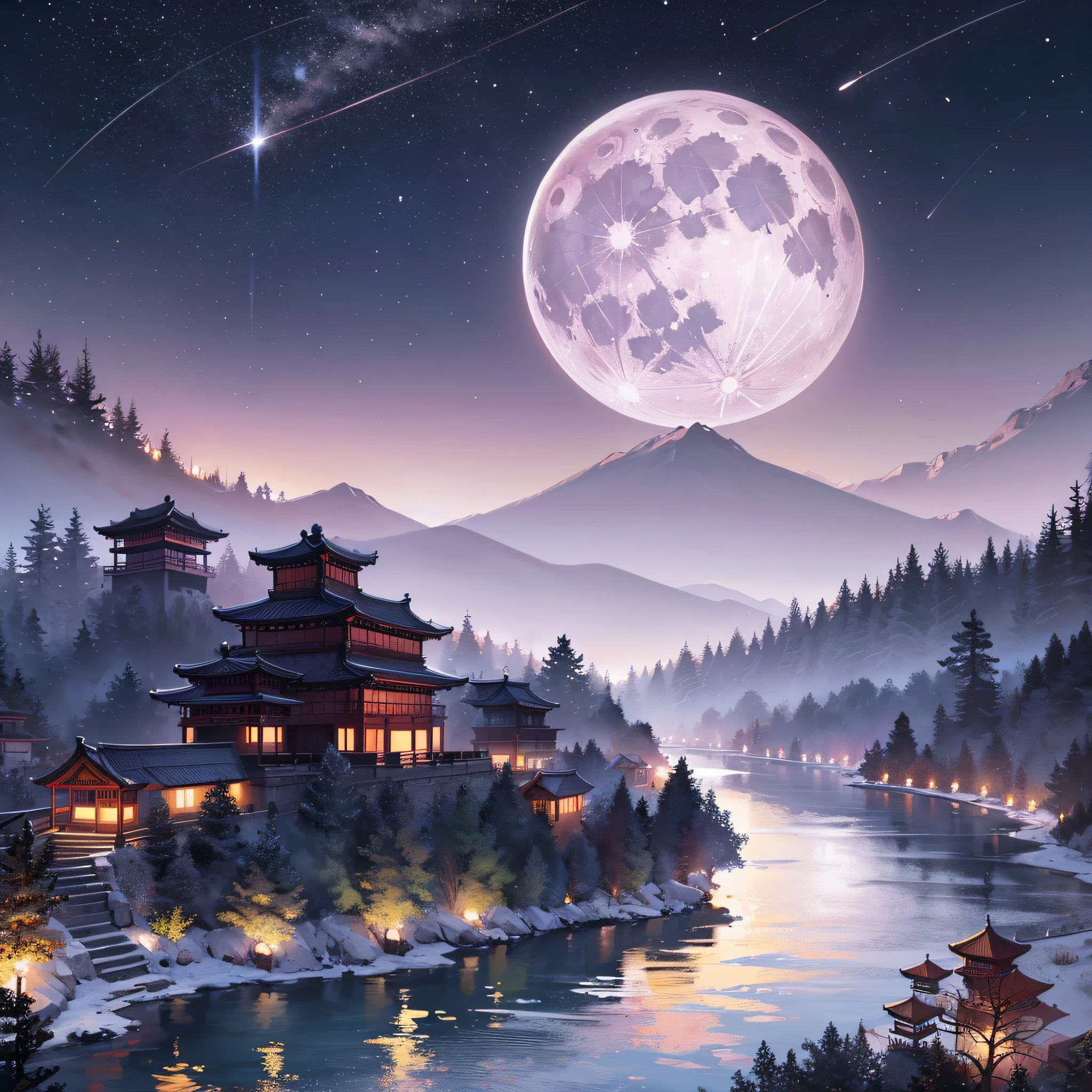 night, mountains and rivers, Moon, Chinese ancient style, palace, ethereal, Renaissance, UHD --auto --s2