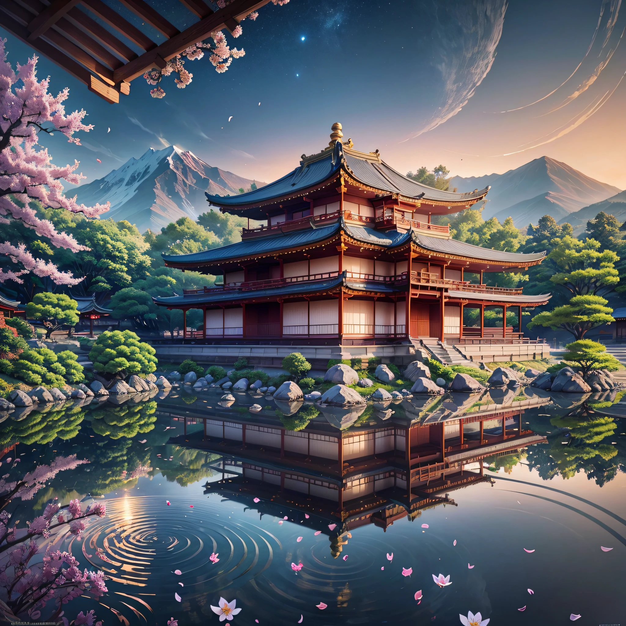 Imagine a resplendent scene in Kyoto, Japan, where the ancient city blends with the mystical. A vibrant Kyoto garden envelops the temple, its meticulously manicured landscape awash with an array of colorful flowers and vibrant greenery. Cherry blossom trees, in full bloom, create a dreamlike canopy overhead, their delicate petals floating gently in the air. As the sun begins to set, a soft, golden light bathes the surroundings, casting long shadows that dance among the ancient temple walls.

In this enchanting setting, magnificent Buddhist statues stand as guardians of wisdom and enlightenment. Their serene expressions and graceful postures exude an aura of profound spirituality. These statues, adorned in ornate robes and embellished with precious gemstones, radiate a divine presence that seems to transcend the earthly realm.

As twilight deepens, the sky transforms into a celestial canvas. Stars twinkle overhead, their brilliance mirrored in a tranquil pond nearby. The air is filled with the gentle sound of wind chimes, creating a melodic symphony that complements the serenity of the temple.

This picturesque scene in Kyoto embodies the intersection of ancient traditions and fantastical beauty, inviting visitors to immerse themselves in a realm of tranquility and enchantment. --auto --s2