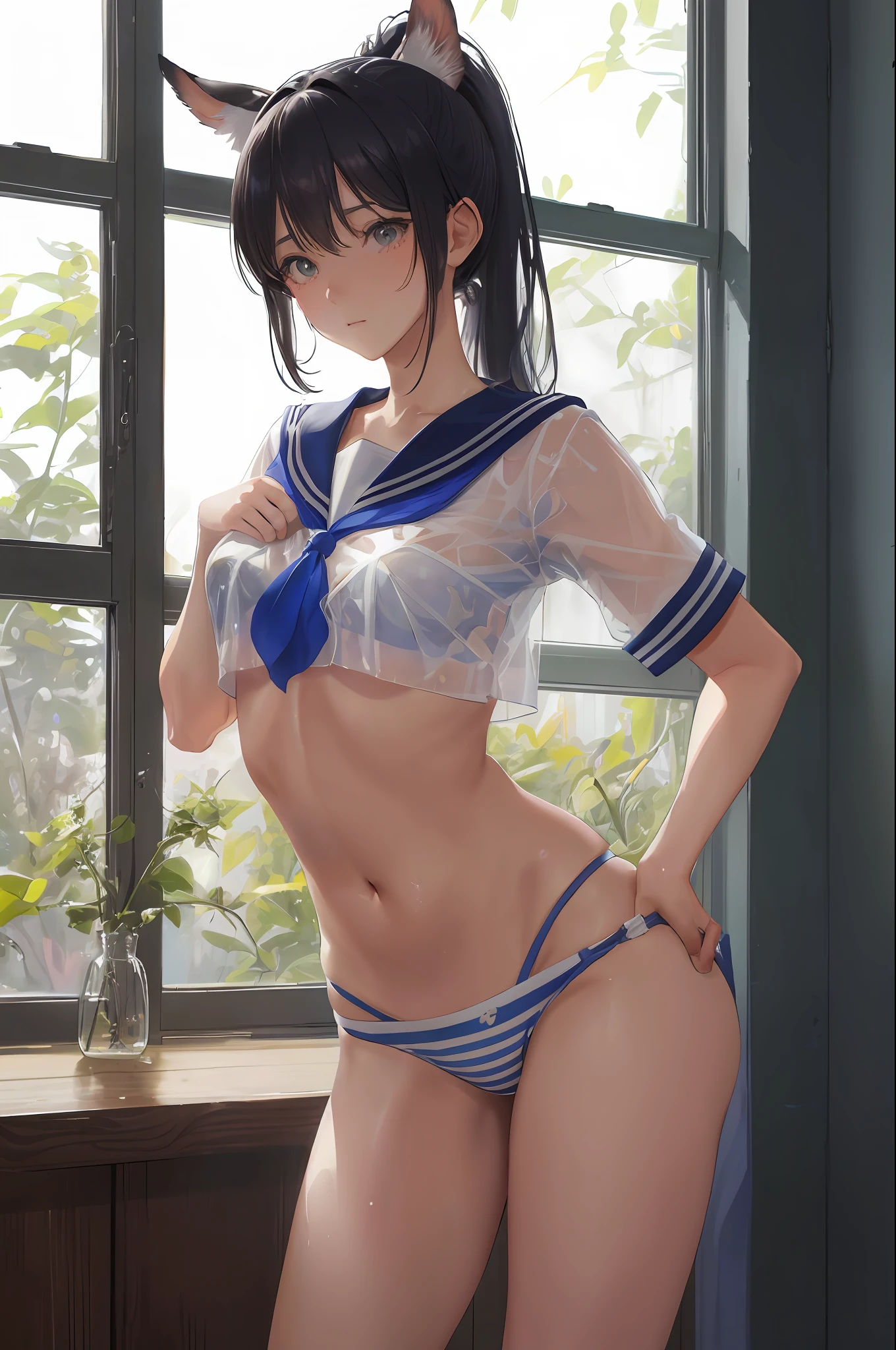 Cornflower art, dreamy, (masterpiece, top quality, perfect anatomy, beautiful face, realistic, super detailed, 1 girl, 18 ears senile, solo, depth of field, canon 24mm lens, f1.4, cute_girl, sailor_ collar, clear facial features, short sleeves, small breasts, slender height, height 150cm, barefoot, double ponytail, bangs, gravure pose, indoor, slouch, Chest gap jungle, blurred background, (Uwabaki: 1.1576)) whole body, clear liquid dripping from the crotch, the front of the shirt is exposed, breasts are visible, transparent bra, light blue striped buns, erotic, , NSFW movie, strange, beautiful pee, holy water, (), crotch jungle,