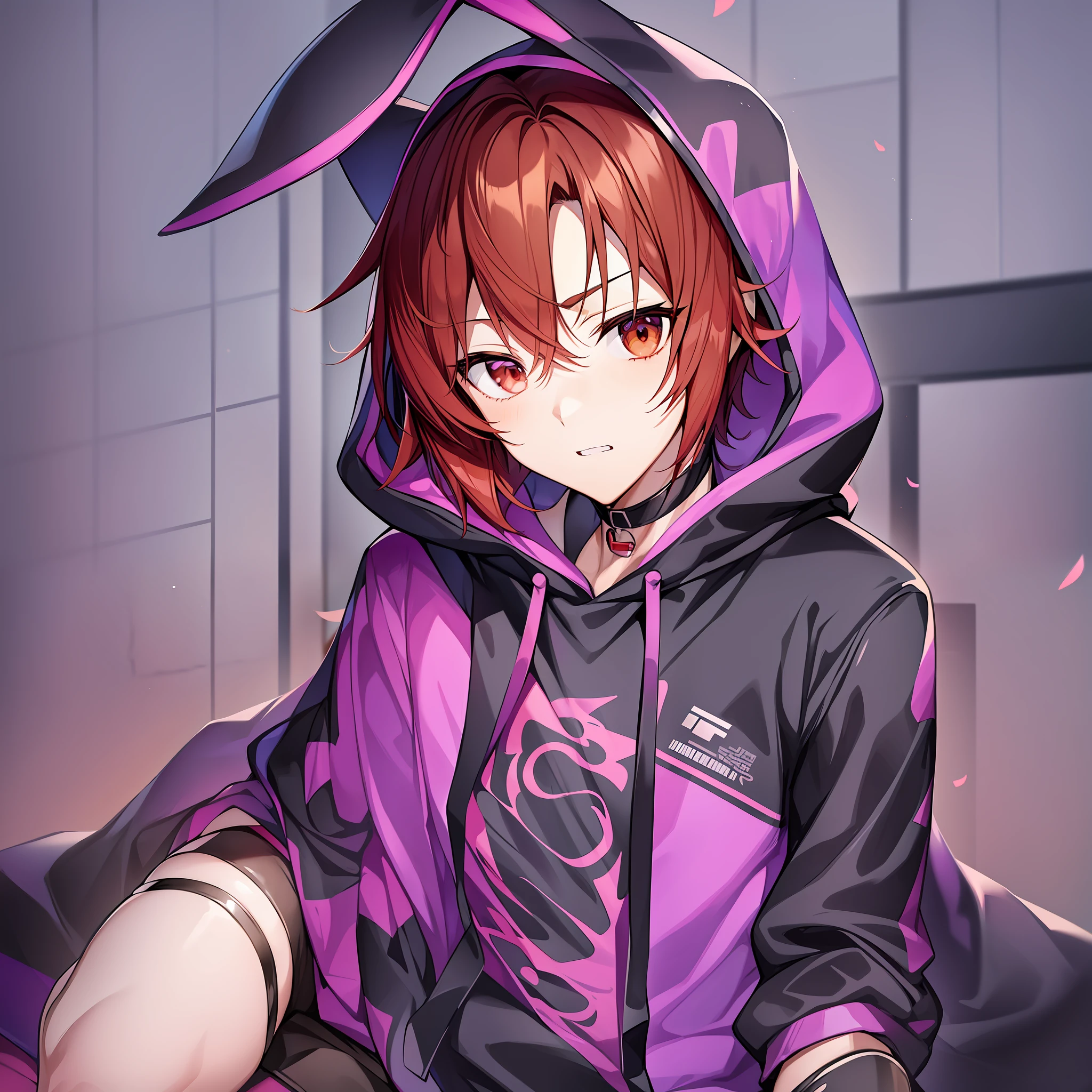 (male anime character) with a (young anime man) look, featuring (anime moe artstyle), featuring (1 male). He is wearing a (hoodie black) and has cute (rabbit ears) that are either (bunny ears), (long floppy rabbit ears:1.2), or (big rabbit ears:1.1) kemonomimi, with (auburn hair: 1.3).