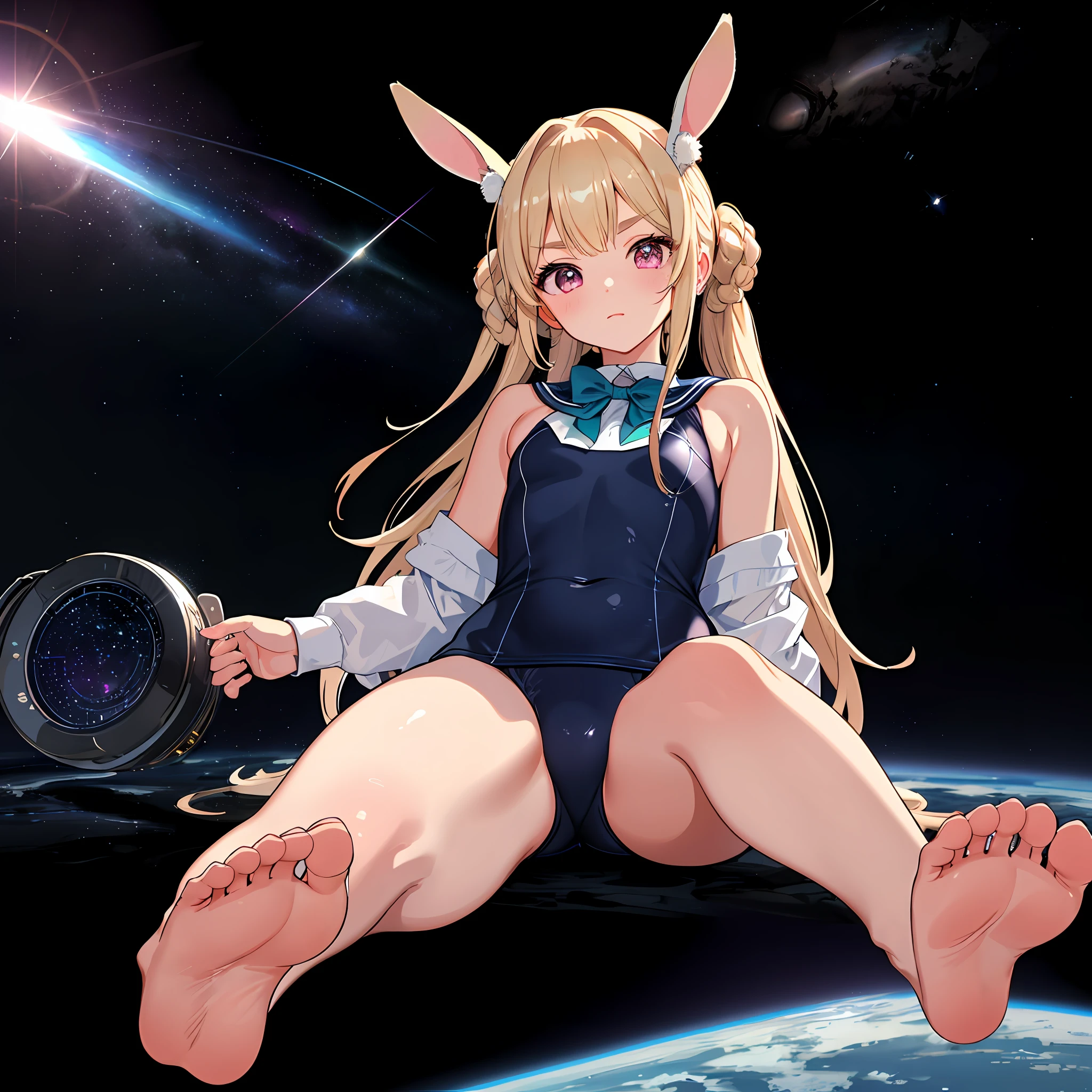 iridescent effect, feet raised, soles, soles in front, covered with soles, sitting, school swimsuit and sailor suit fusion, complex and colorful effects in the background, space debris floating, background is outer space, background is mechanical space colony, natural luminescence, small, female brat, thick eyebrows, thin waist, pigtails, beautiful blonde, braids, rabbit ears, (masterpiece), ((best quality)), (super detailed ), girl, clean and detailed face, five fingers, textile shading, perfect anatomy,