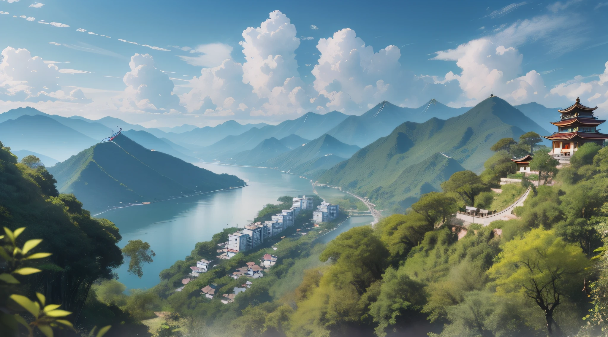 (Ultra-wide-angle lens), (Best Masterpiece), 8K, a Chinese building nestled in the hills of mountains, with lush trees, verdant foliage and babbling streams. The visuals are beautiful and beautiful, full of sun, clouds, birds, lakes