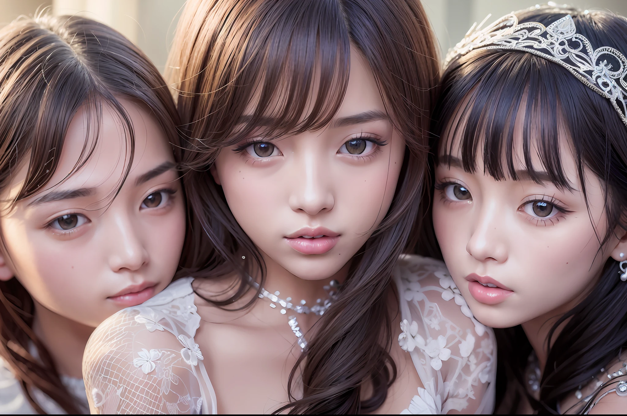 best quality, realistic, photorealistic, award-winning illustration, (intricate details:1.2), (delicate detailed), (intricate details), (cinematic light, best quality Backlights), clear line,fashion girl, sharp focus, realistic face,detailed face,official art, unity 8k wallpaper, ultra high res, (photorealistic:1.4), (3 girls:1.0), caring eachother, looking at viewer, ulzzang-6500, nsfw