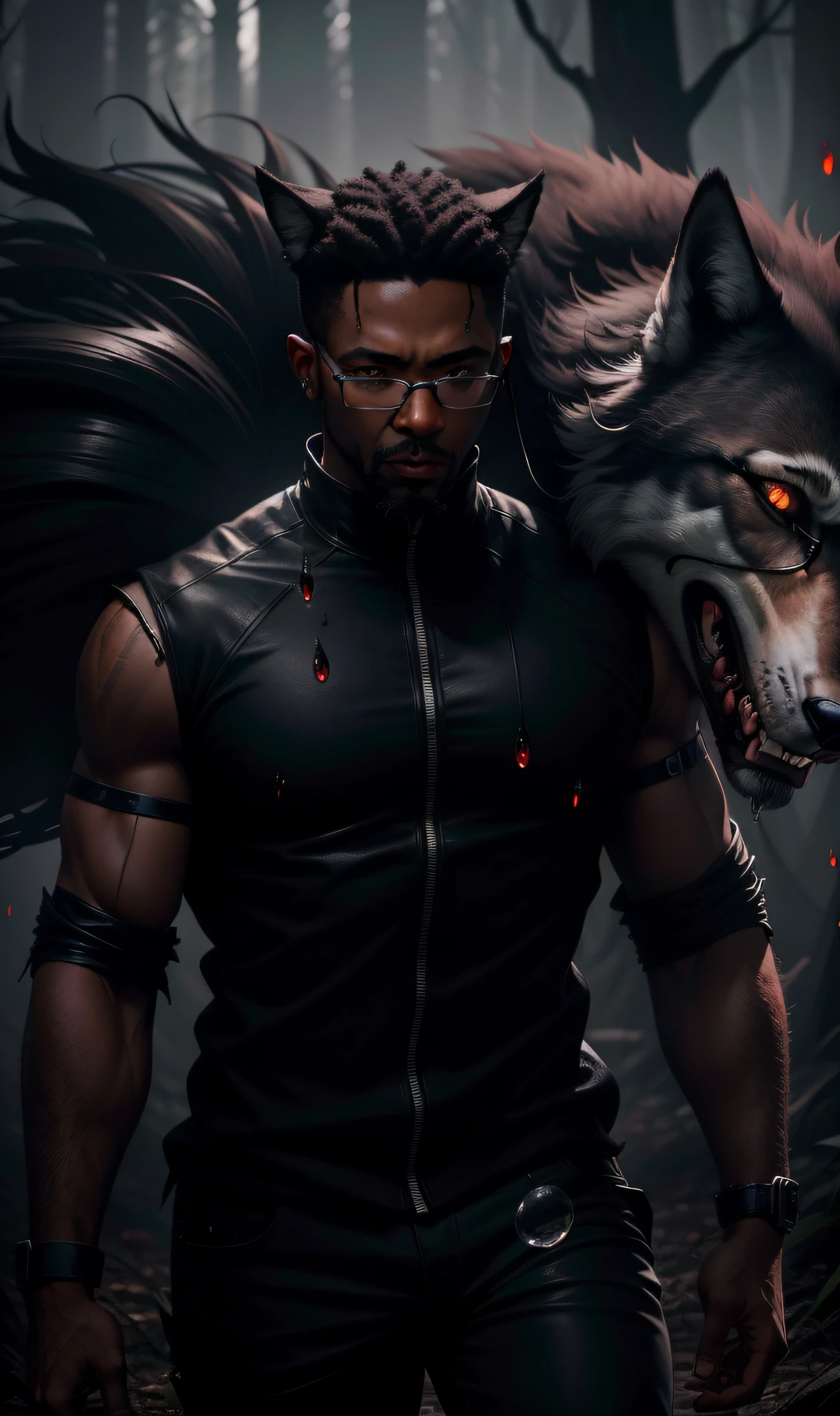 turn this photo into realistic, (black man with wolf ear), (dark dark forest background terrifying), 8k, Ultra HD, realistic, (glasses with black lens and black border), (brown eyes) ,(blood rain with blood droplets in the background) , blood droplets, (blood in the mouth)