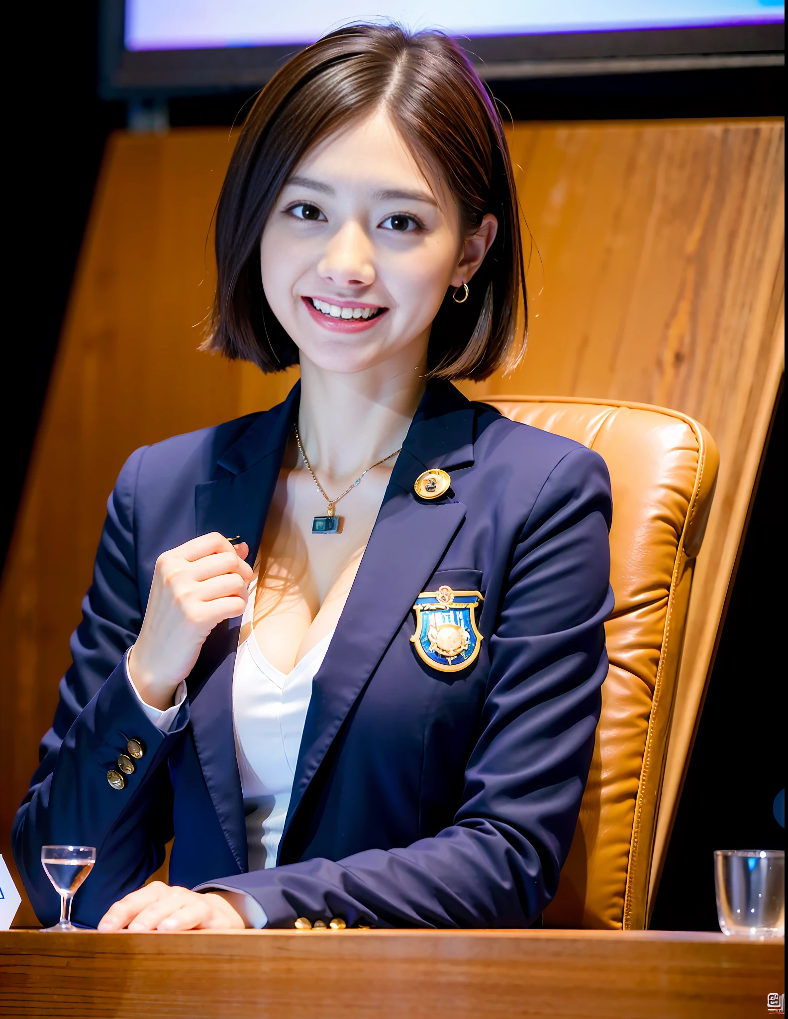 (8k, Best Quality, Masterpiece:1.2), (Realistic, Photorealistic:1.37), Ultra Detailed, 1 woman, (A Young and cute Japanese female announcer:1.2), (suit, jacket,badge), (Smile:1.15),Big breasts,Beautiful Fine Eyes,(Short Hair:1.2),Floating Hair NovaFrogStyle, cleavage, make a speech at the conference, bust-up shot,