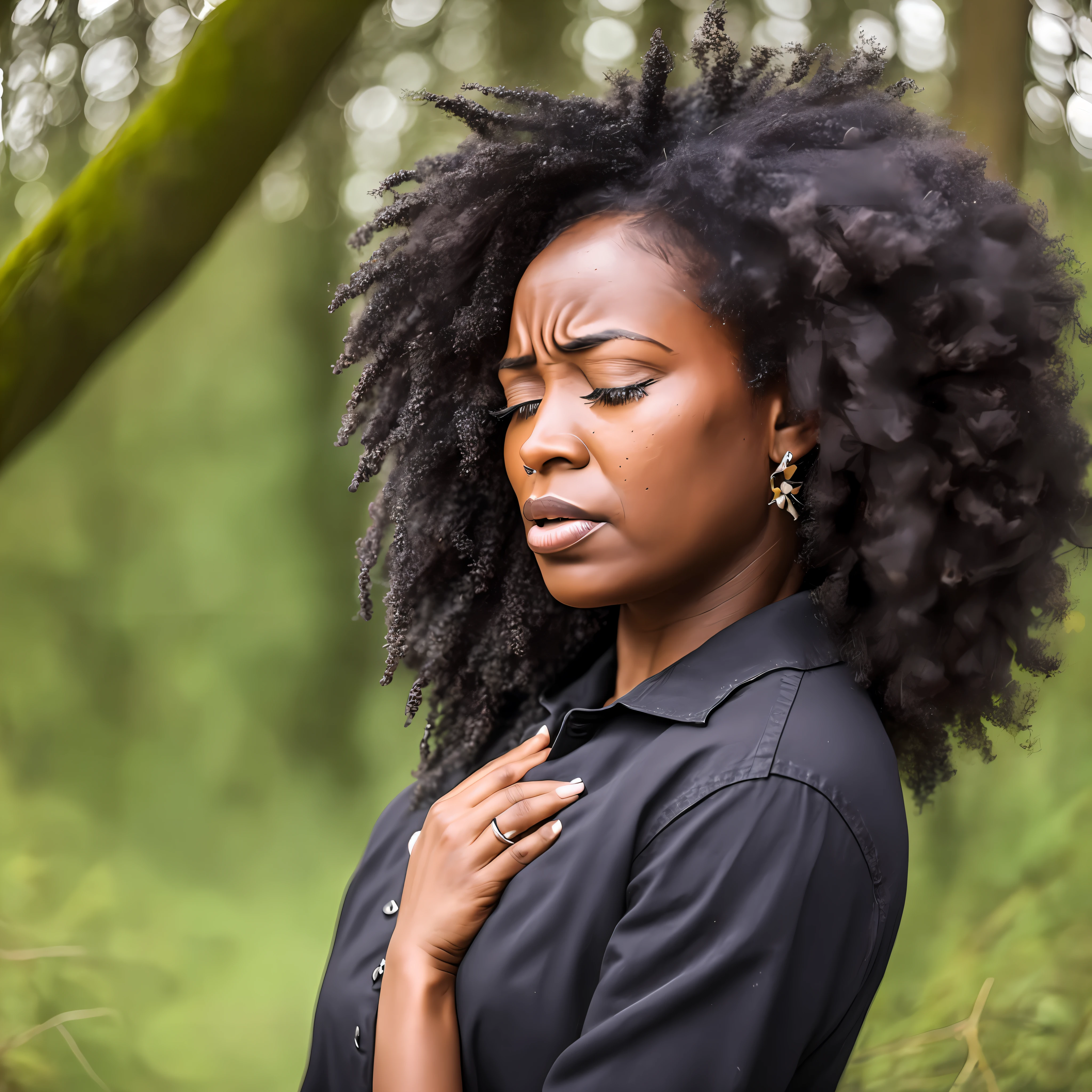 Create a crying black woman with anxiety crisis in the midst of nature
