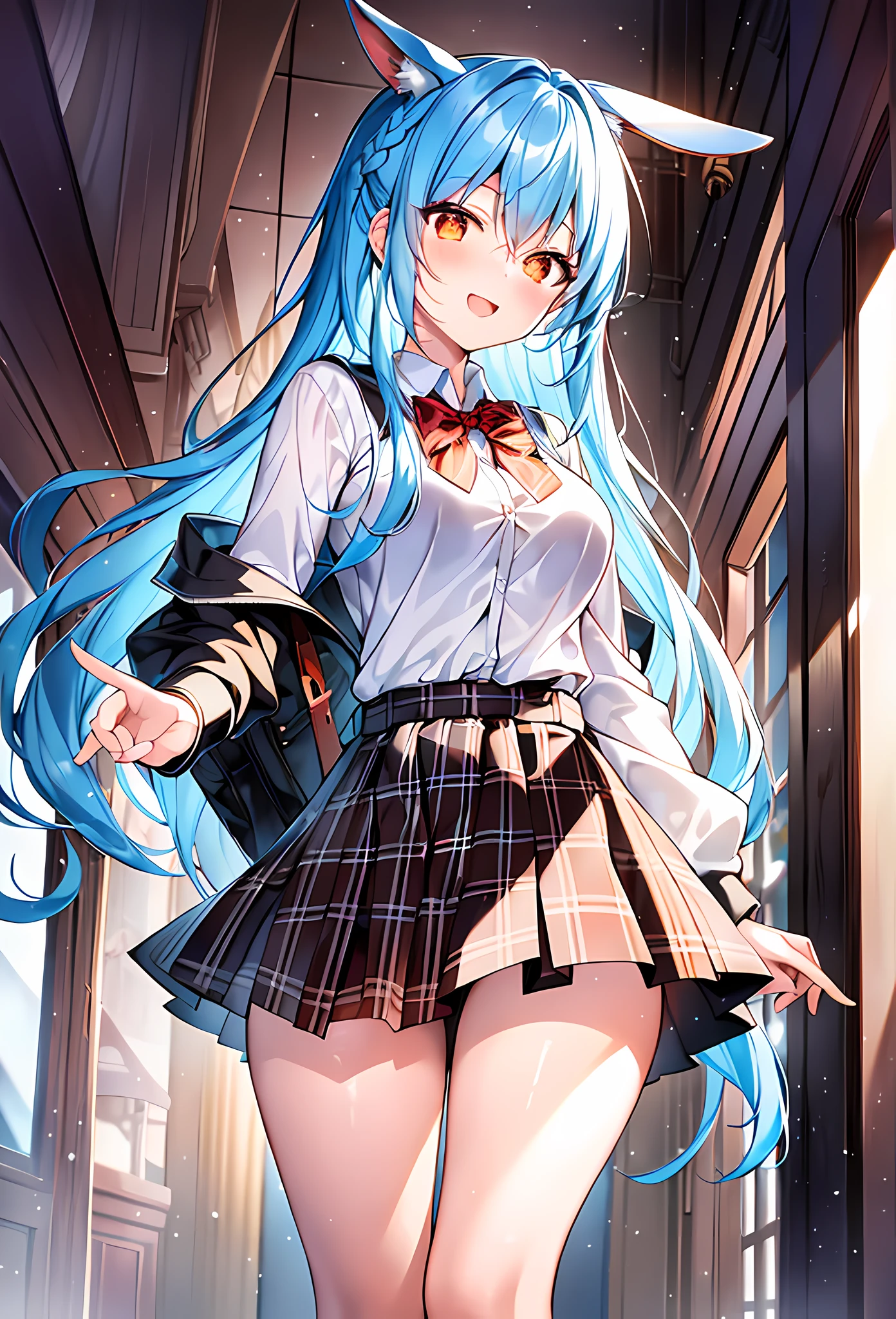 (masterpiece, reflections, atmospheric lighting, dynamic lighting), best quality, 1girl, perfect figure, perfect body, perfect face, light blue hair, long hair, white rabbit ears, braided twin ponytails, orange eyes, glowing amber orange eyes, slight blush, big smile, open mouth, school outfit, off-shoulder baggy jacket, white school shirt, black checkered flannel skirt, white cotton socks, brown school shoes