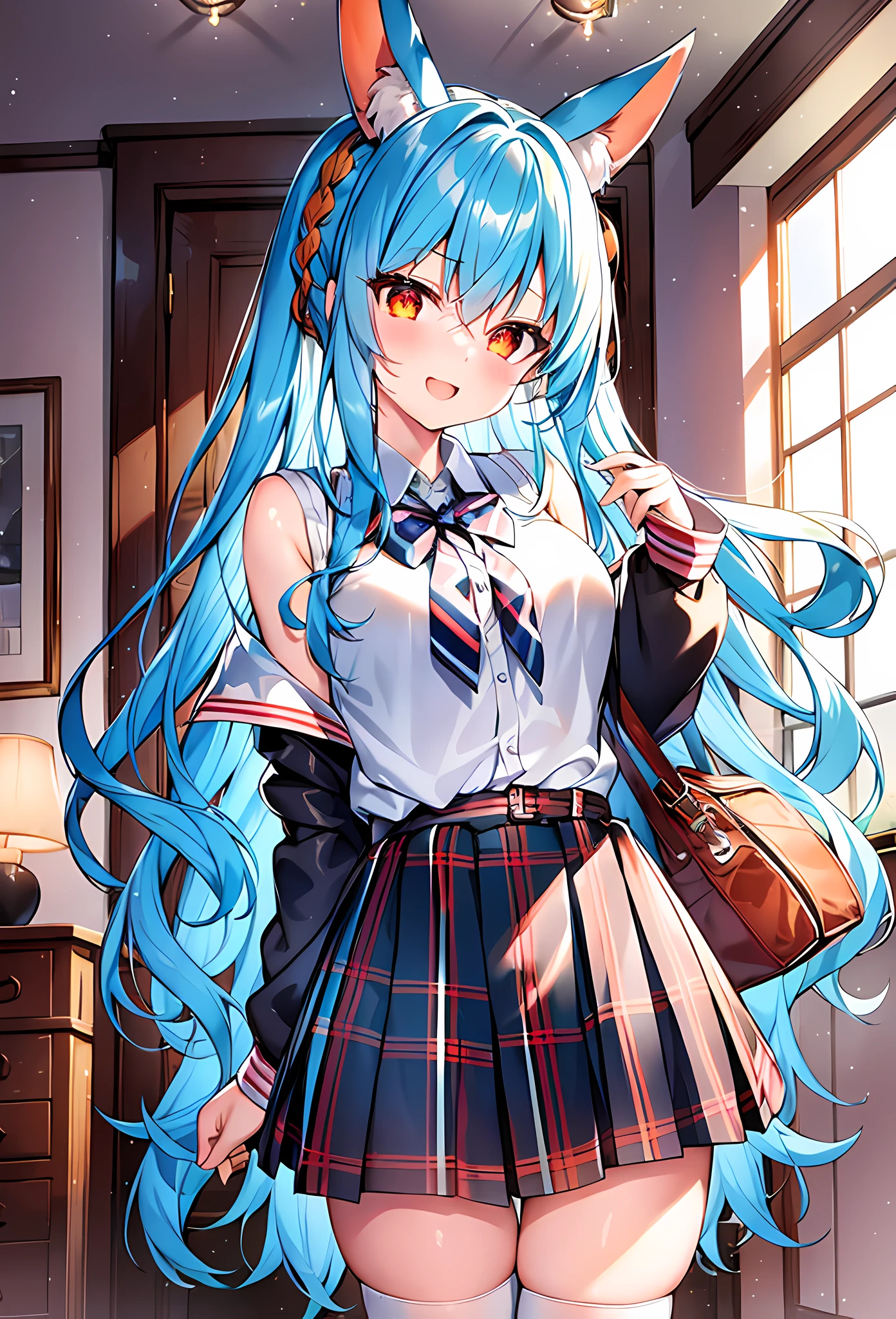 (masterpiece, reflections, atmospheric lighting, dynamic lighting), best quality, 1girl, perfect figure, perfect body, perfect face, light blue hair, long hair, white rabbit ears, braided twin ponytails, orange eyes, glowing amber orange eyes, slight blush, big smile, open mouth, school outfit, off-shoulder baggy jacket, white school shirt, black checkered flannel skirt, white cotton socks, brown school shoes