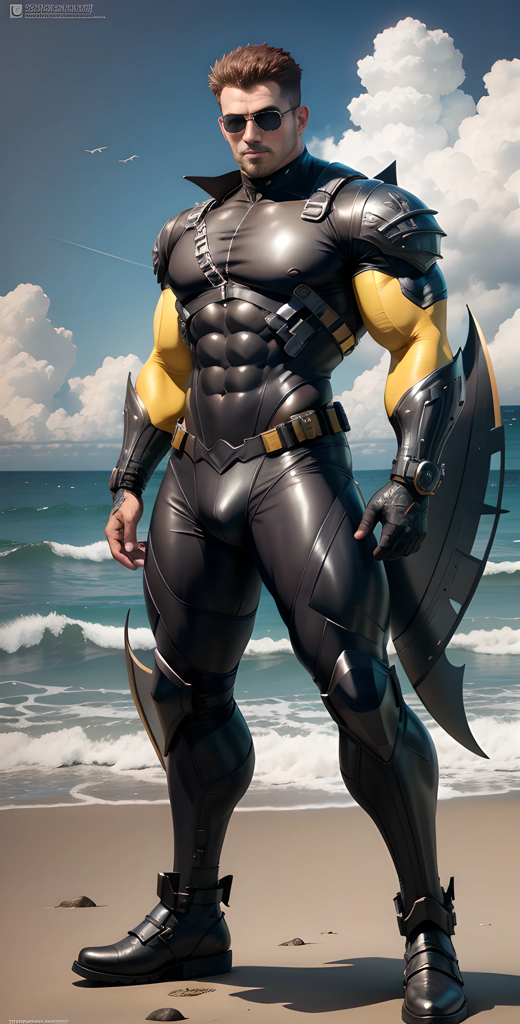 Arad man in yellow and black clothes standing by the sunny sea, muscular male hero, conceptual art like Ernest Khalimov, heroic male pose, muscular! Wearing black sunglasses, round head Buzz Cut, cyberpunk, stealth suit, symmetrical floral texture design, super buff and cool, high resolution commission, Chris Redfield, Jigachard muscle, Ernest Khalimov body, character design police, black military boots, charismatic strong male with armor