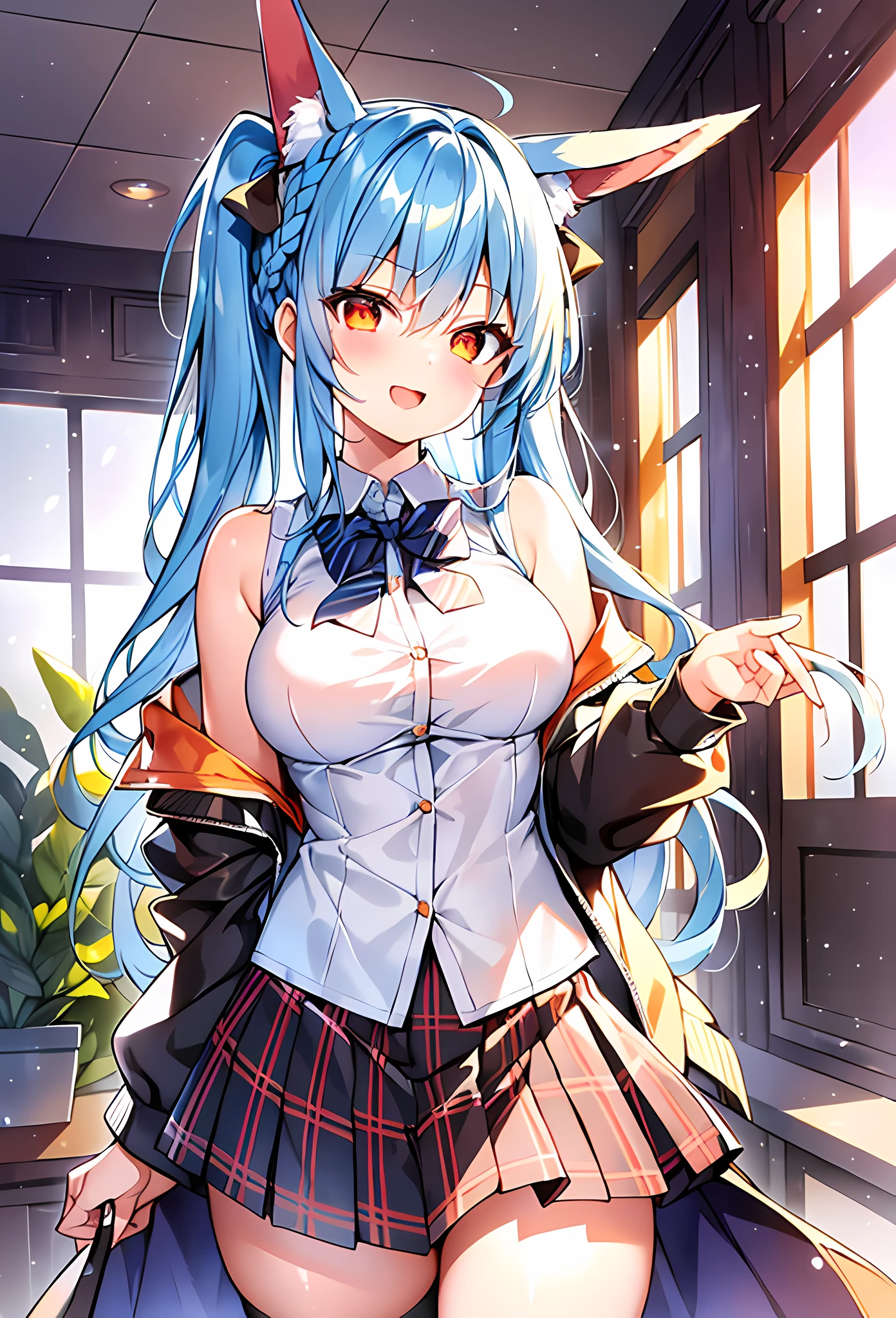 (masterpiece, reflections, atmospheric lighting, dynamic lighting), best quality, 1girl, perfect figure, perfect body, perfect face, light blue hair, long hair, white rabbit ears, braided twin ponytails, orange eyes, glowing amber orange eyes, slight blush, big smile, open mouth, school outfit, off-shoulder baggy jacket, white school shirt, black checkered flannel skirt, white cotton socks, brown school shoes